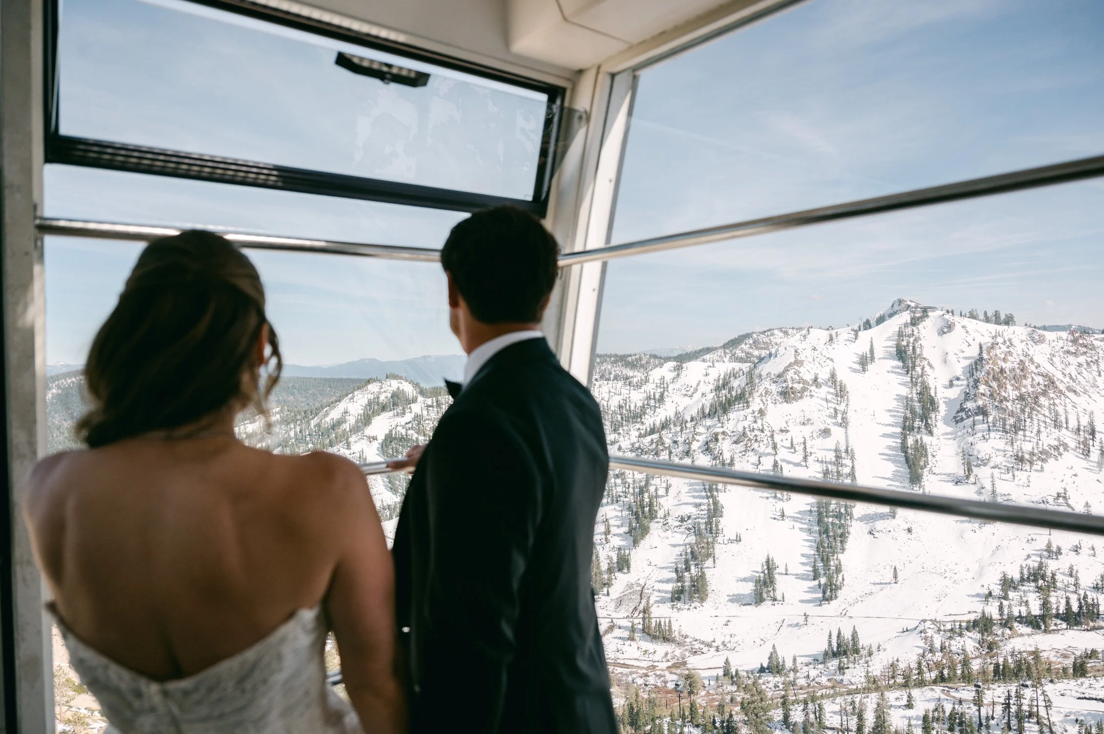 Palisades wedding venue, photo of a wedding moment within the Aerial Tram at Palisades Tahoe