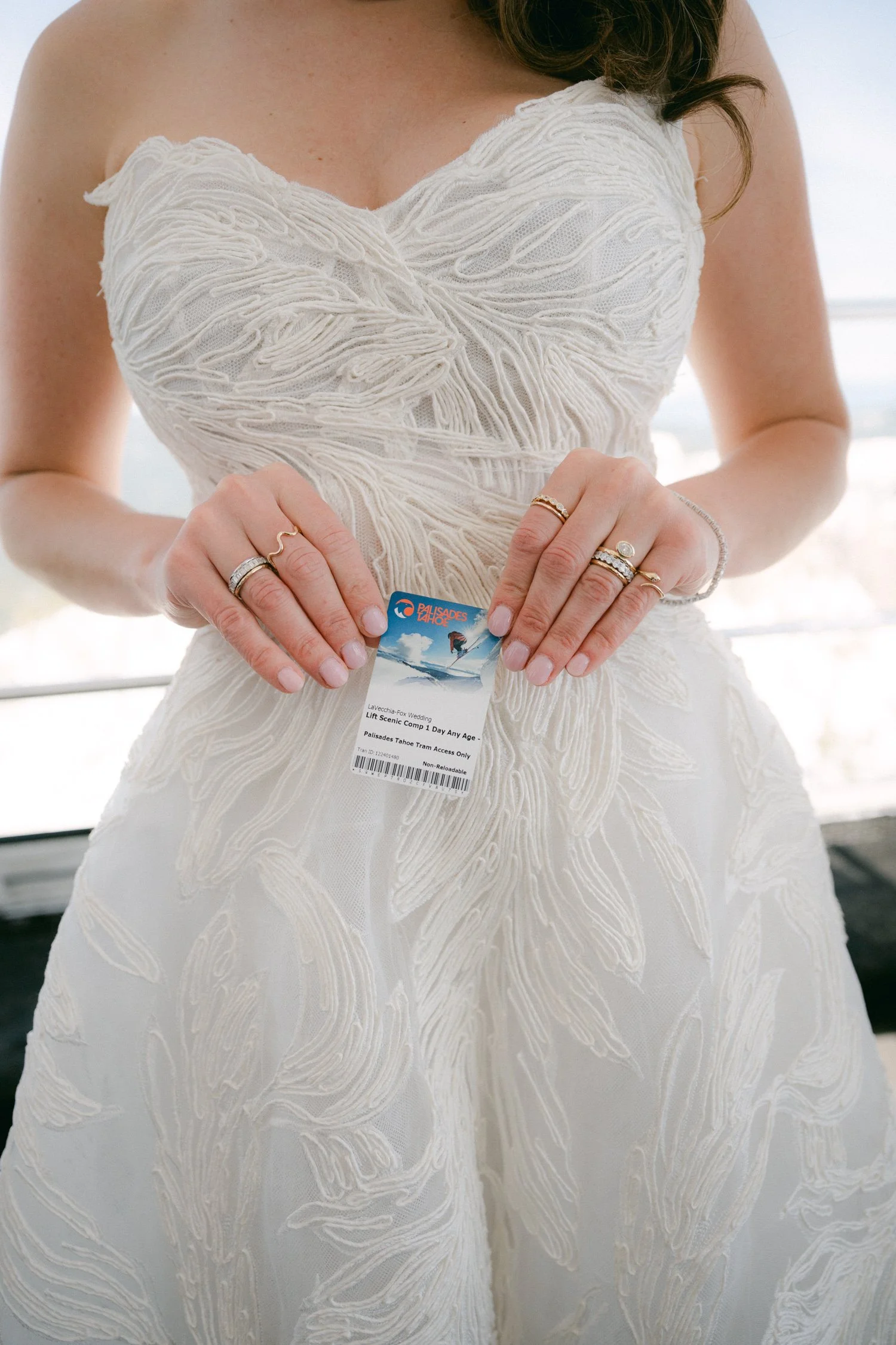Palisades wedding venue, photo of an intricate bridal gown with a strapless raffia embroidered tulle ballgown. 