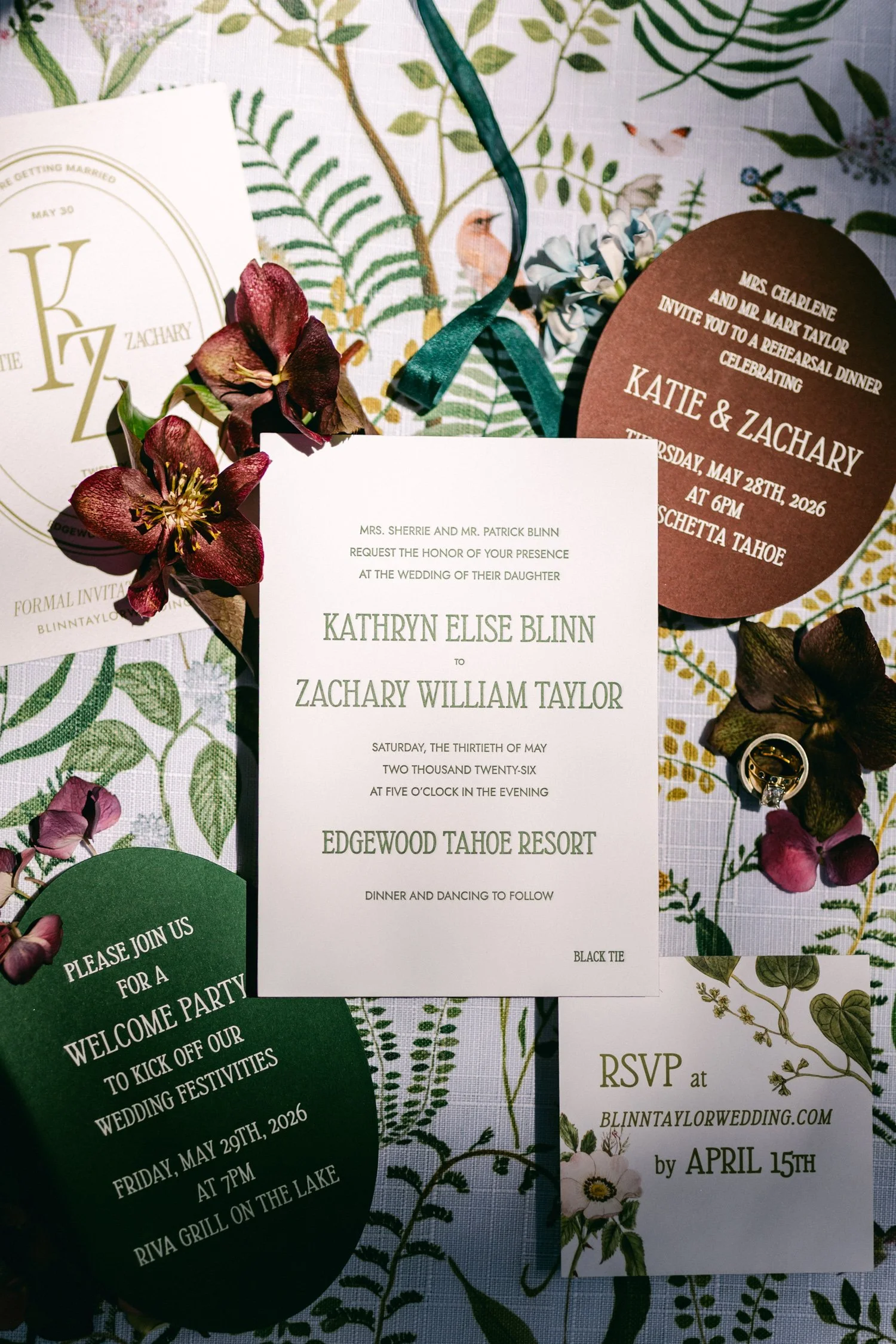 Edgewood maximalist wedding, photo of formal wedding invitation suite in chartreuse and burgundy colors