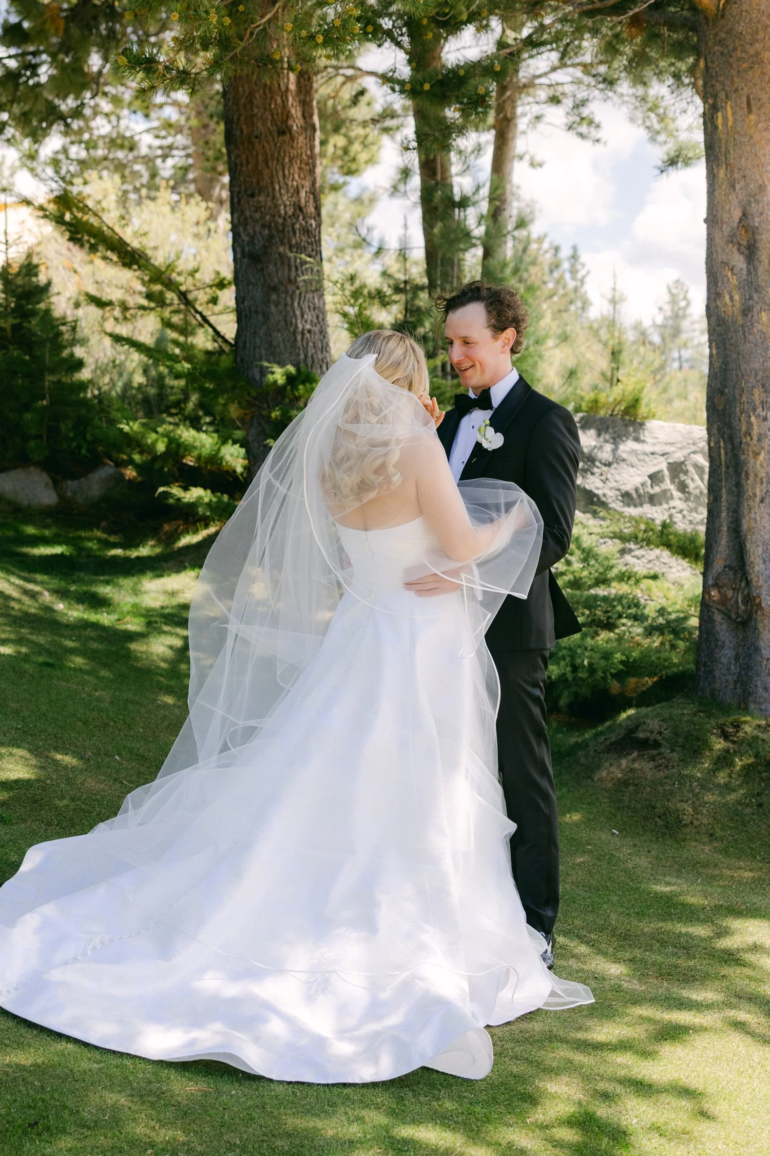 Edgewood maximalist wedding, photo of the bride and groom during a private first look moment