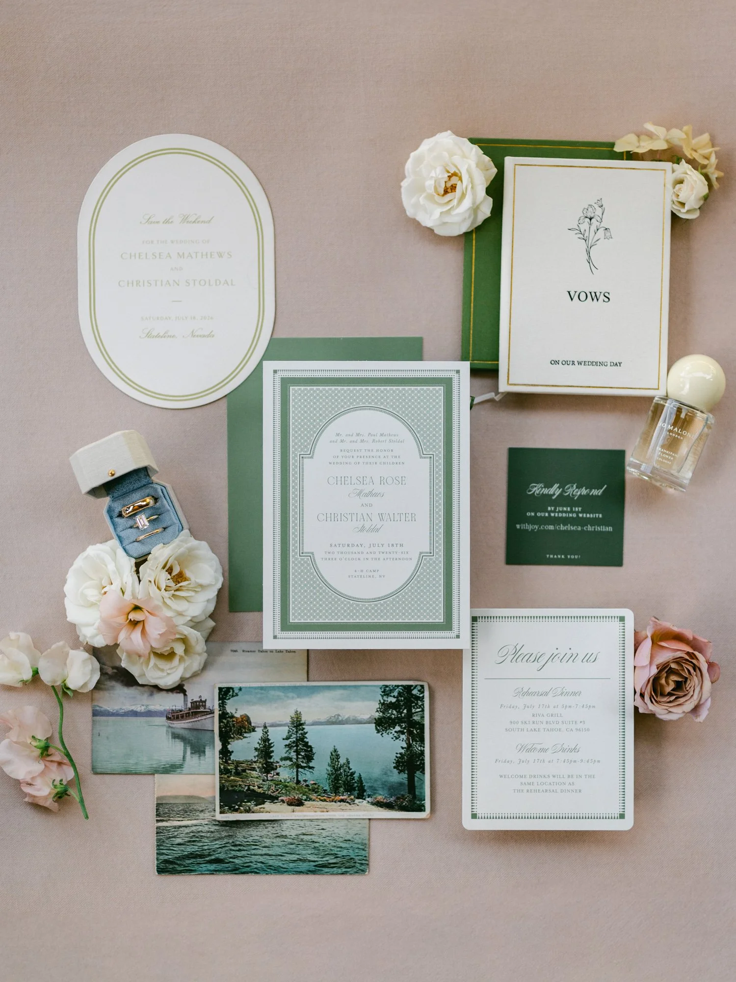 Lake Tahoe 4-H Camp wedding photos, photo of a flat lay featuring a formal green and white wedding invitation suite adorned with vintage lakeside photo prints.