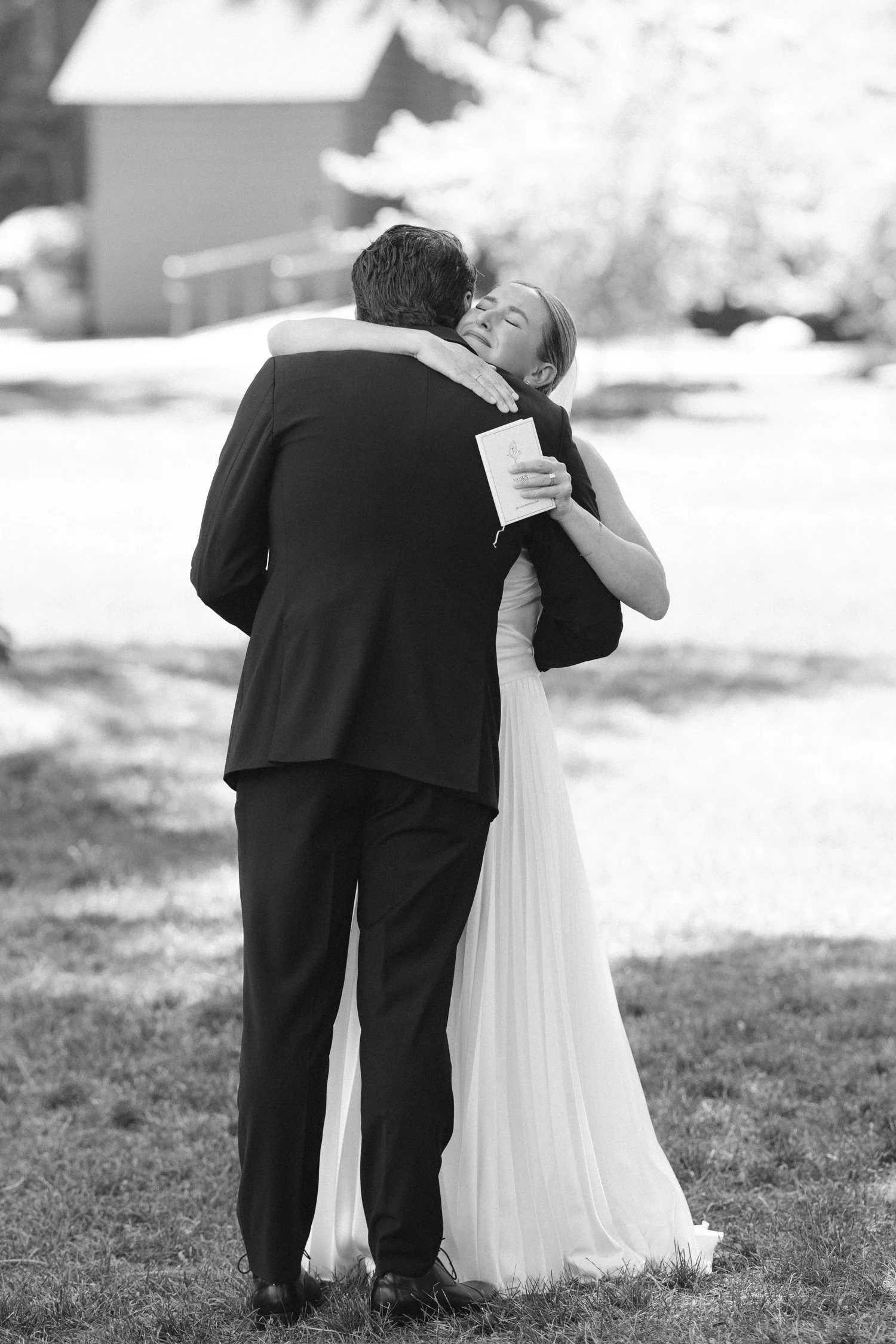 Lake Tahoe 4-H Camp wedding photos, photo of the bride and groom sharing an emotional moment during their first look