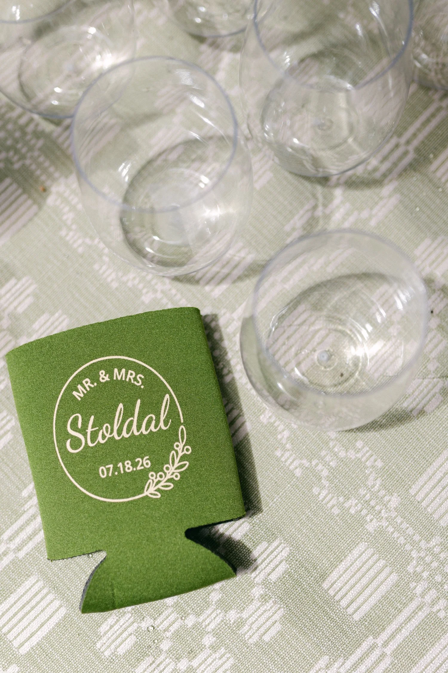 Lake Tahoe 4-H Camp wedding photos, photo of green beverage cooler, or koozie as a custom wedding favor for guests