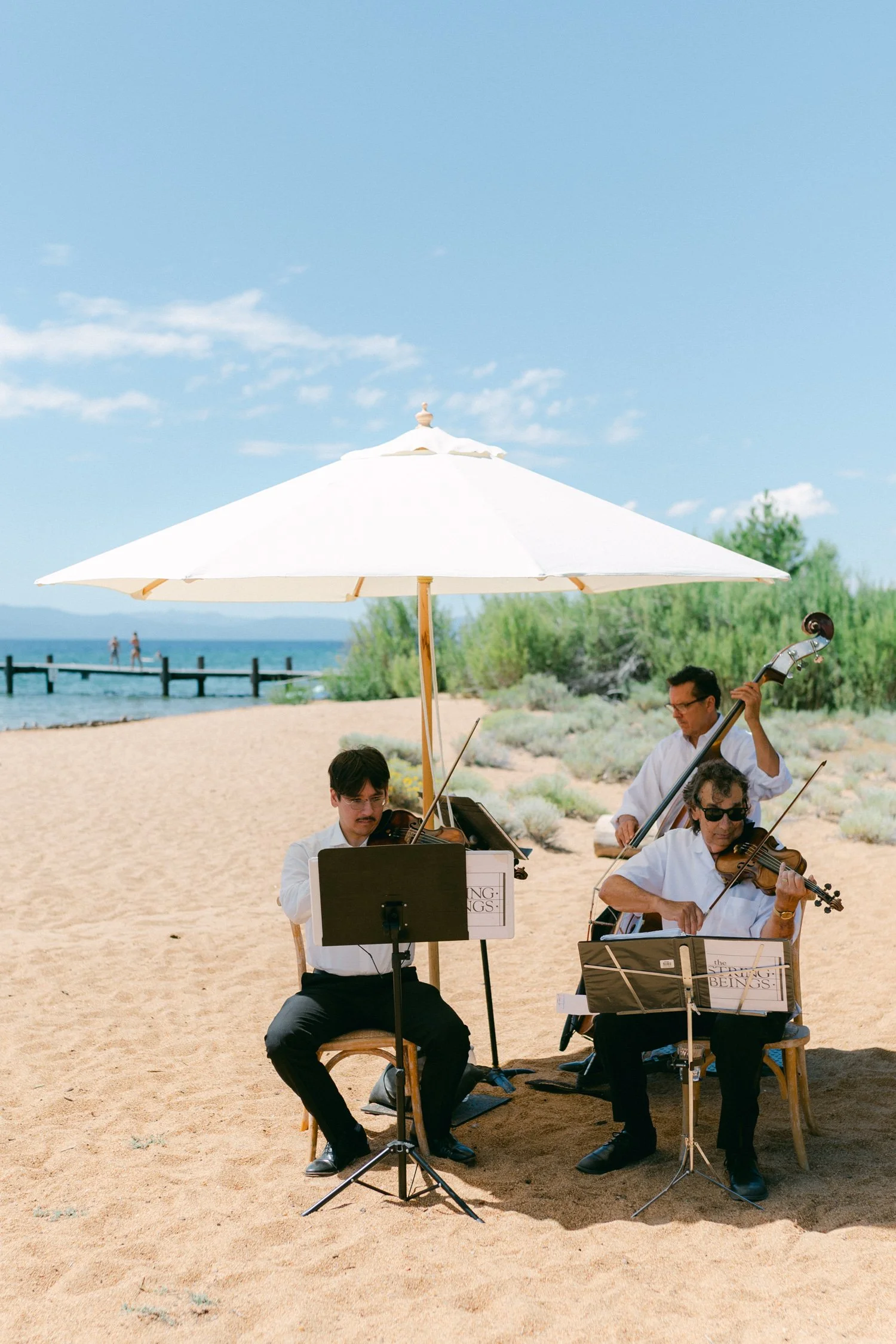 Lake Tahoe 4-H Camp wedding photos, photo of live musical performance on a sandy beach