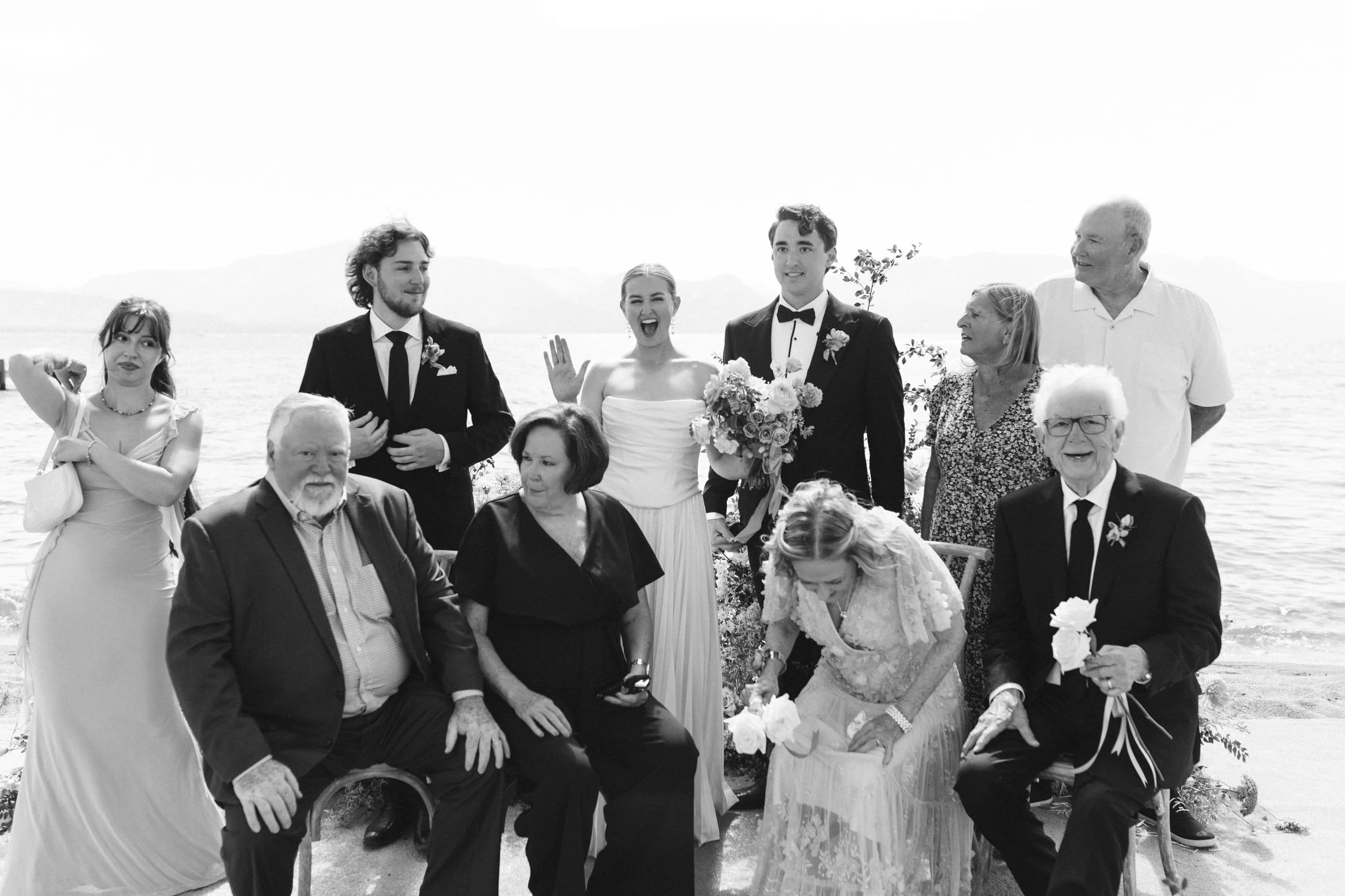 Lake Tahoe 4-H Camp wedding photos, photo of black and white family portraits for a lakeside wedding