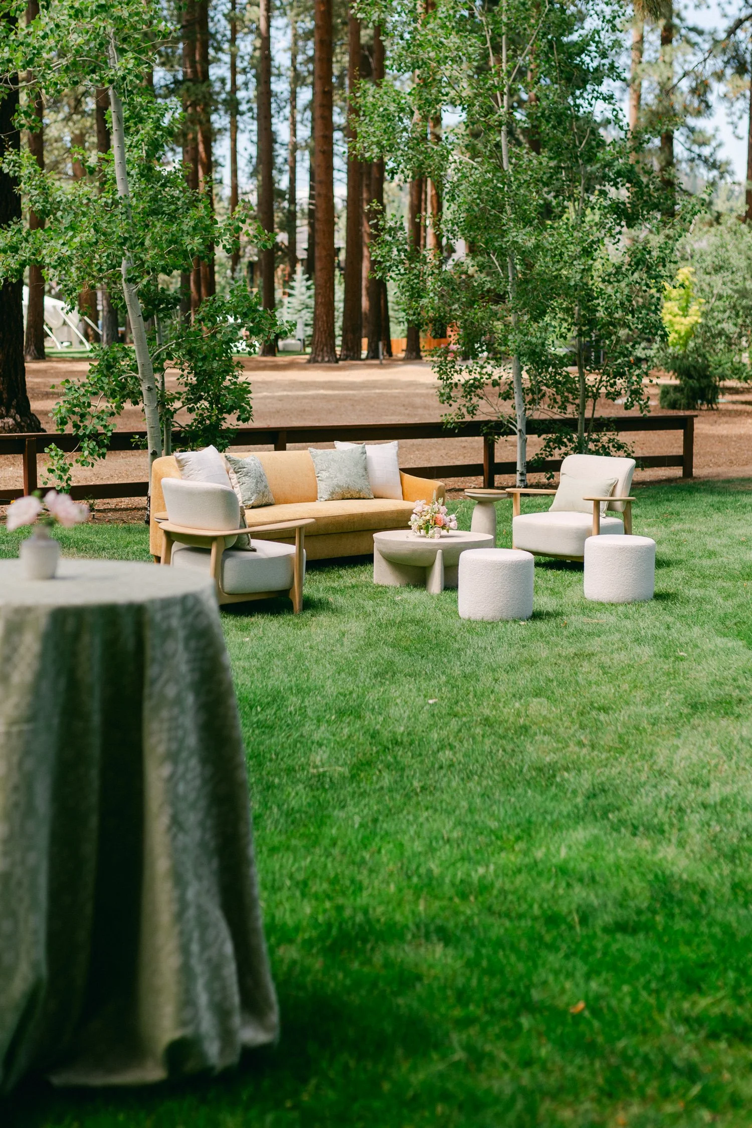 Lake Tahoe 4-H Camp wedding photos, photo of an outdoor wedding backdrop adorned with a gallery wall of framed vintage photographs for guest seating charts