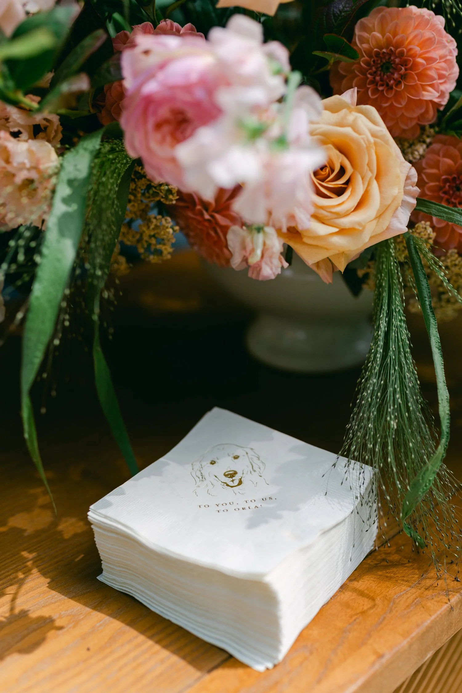 Lake Tahoe 4-H Camp wedding photos, photo of custom cocktail napkin for drinks reception