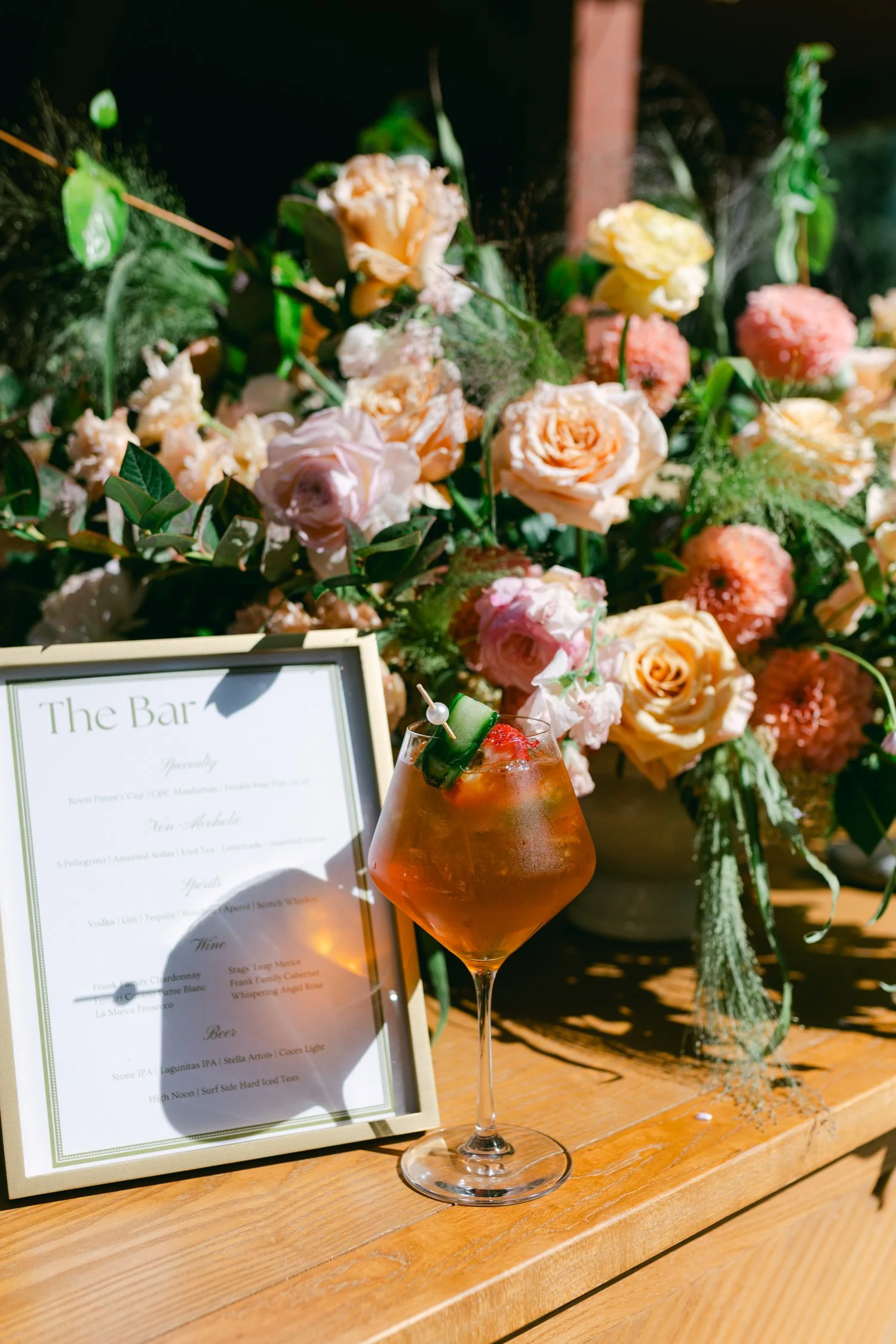 Lake Tahoe 4-H Camp wedding photos, photo of a wedding bar setup featuring signature cocktails