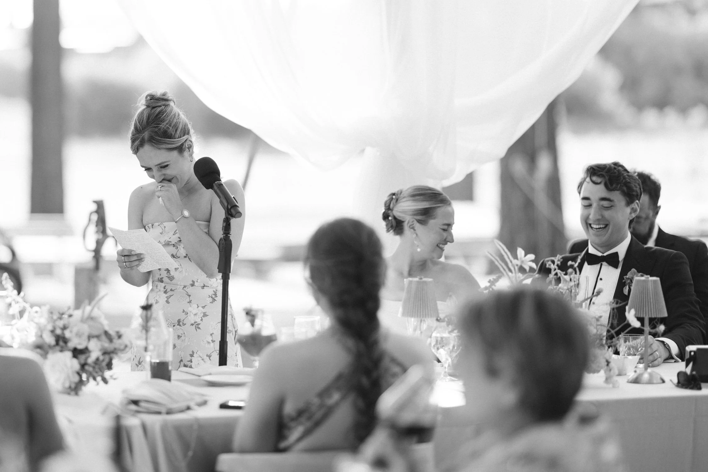Lake Tahoe 4-H Camp wedding photos, photo of a joyful moment during a wedding reception toast