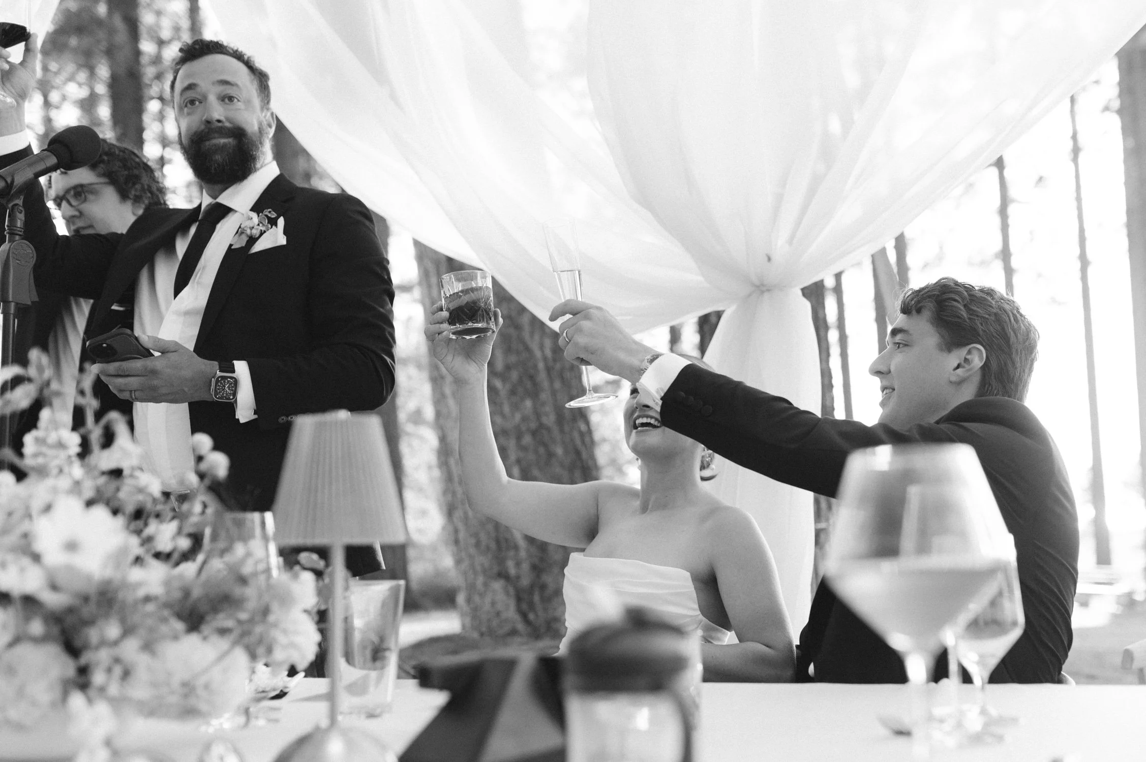 Lake Tahoe 4-H Camp wedding photos, photo of a wedding reception toast