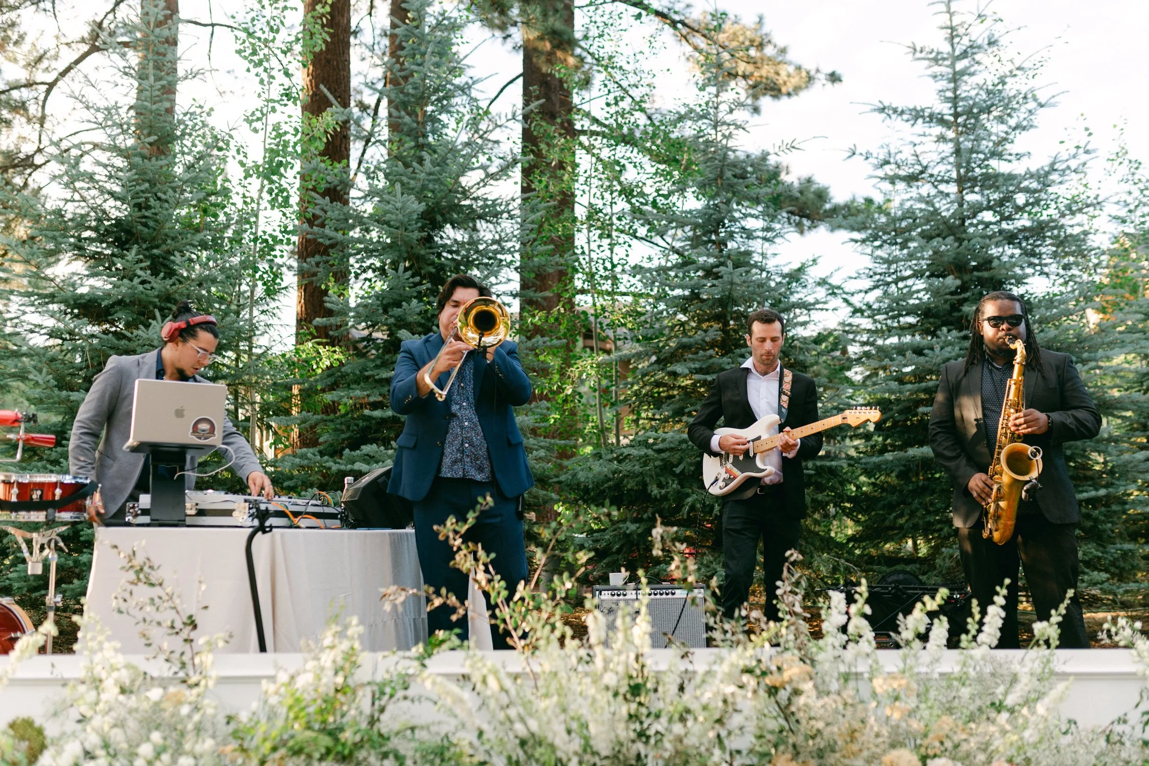 Lake Tahoe 4-H Camp wedding photos, photo of a live band performing at an outdoor wedding venue