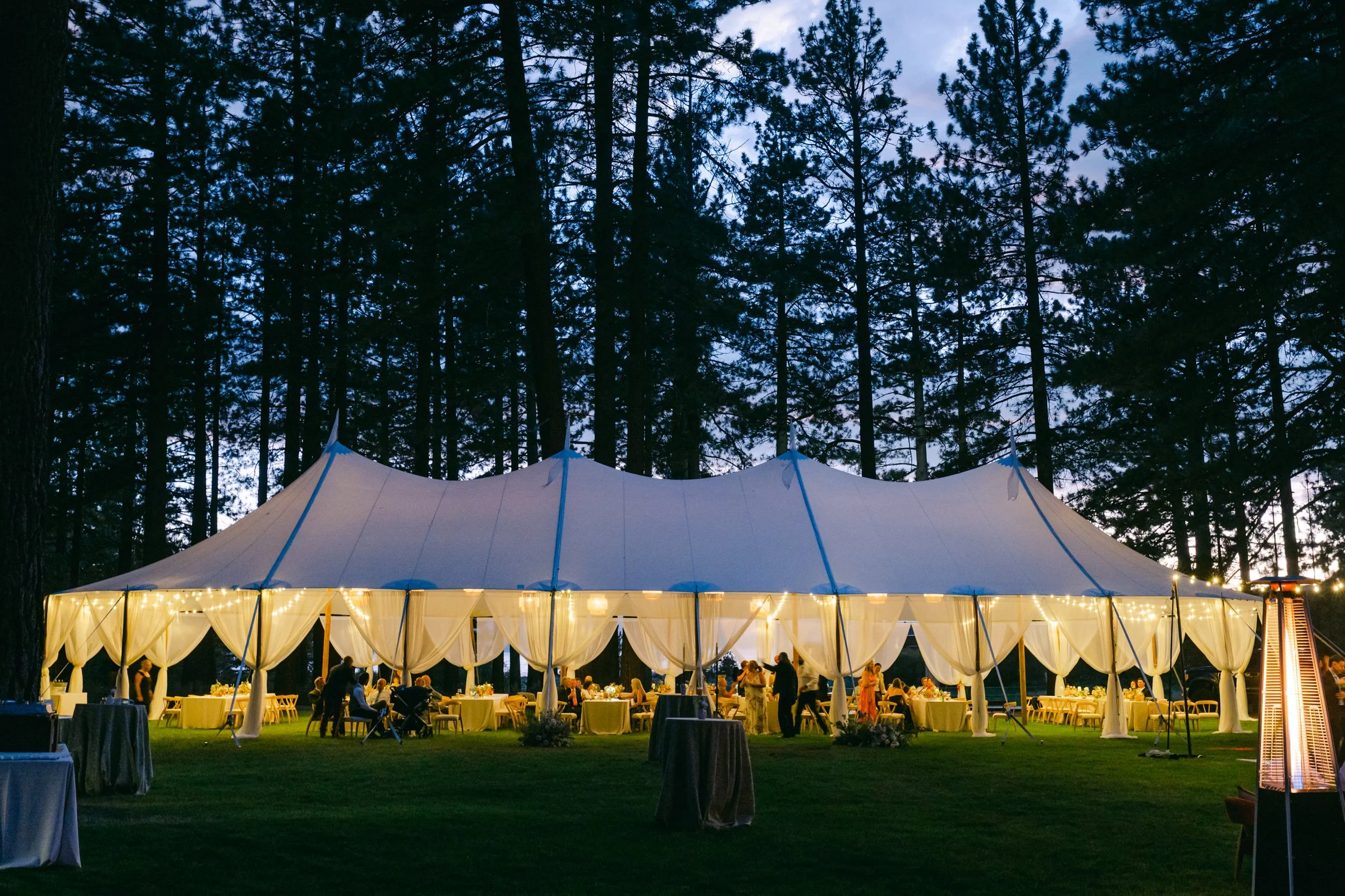 Lake Tahoe 4-H Camp wedding photos, photo of a large sailcloth tent for an outdoor wedding reception