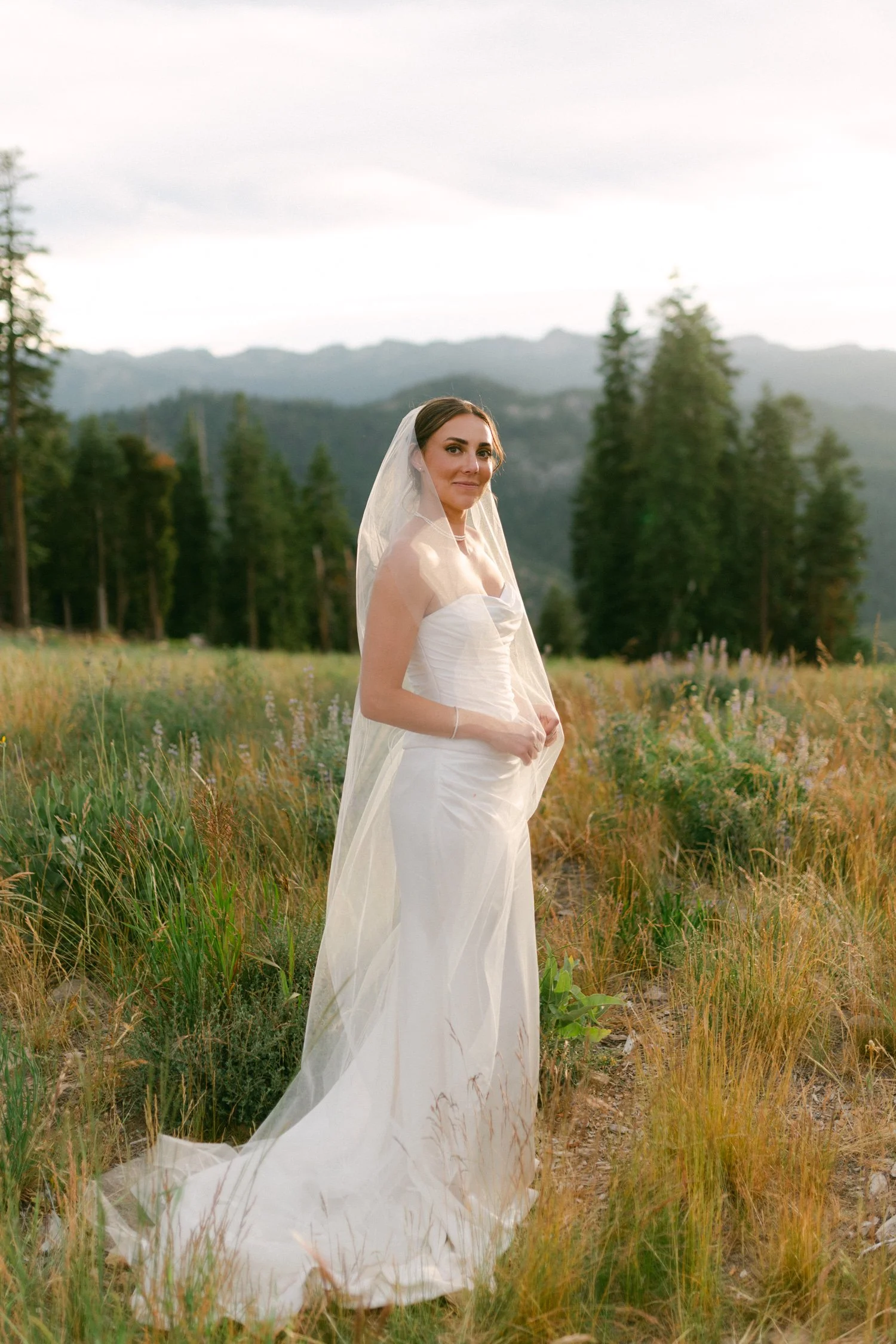 Zephyr Lodge wedding, photo of the bride in a classic, structured gown with a long, sheer cathedral veil