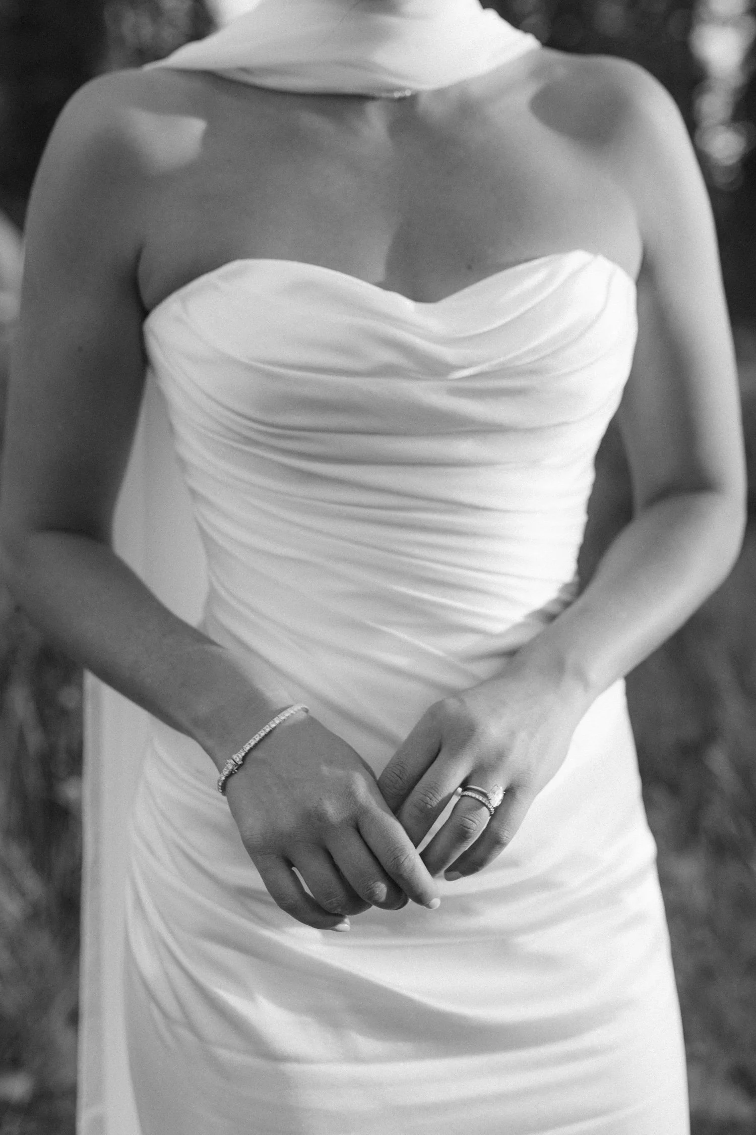 Zephyr Lodge wedding, photo of the bride in a strapless wedding gown featuring a sweetheart neckline and delicate ruching across the bodice