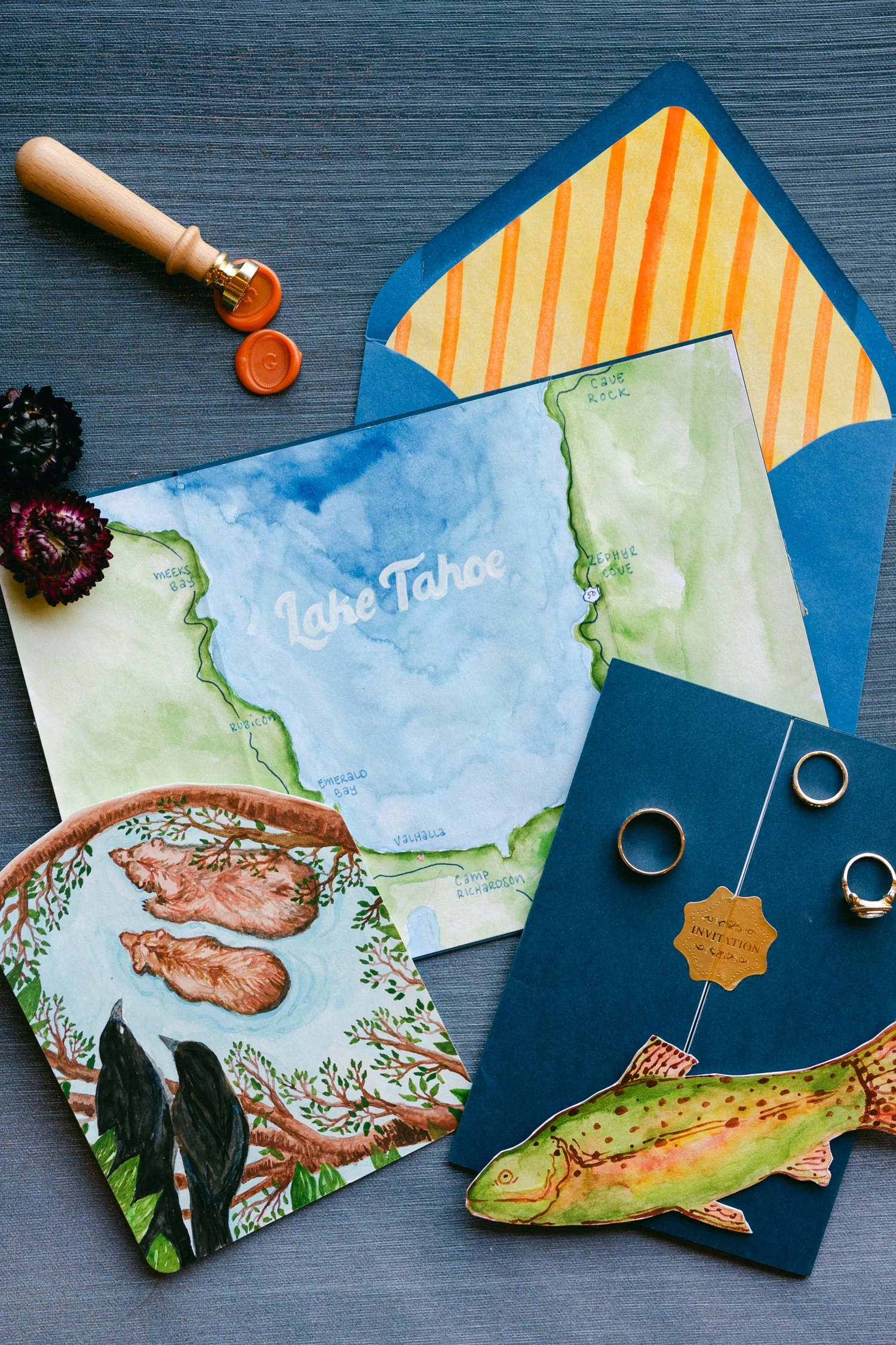 A Valhalla Lake Tahoe Wedding, photo of a custom watercolor Lake Tahoe wedding invitation suite with hand-painted nature illustrations.