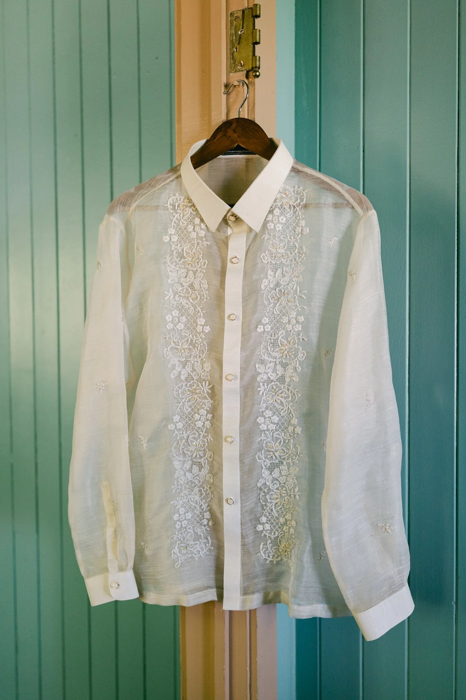 A Valhalla Lake Tahoe Wedding, photo of a classic Barong Tagalog, an embroidered formal traditional shirt from the Philippines with delicate vertical floral embroidery down the front panel