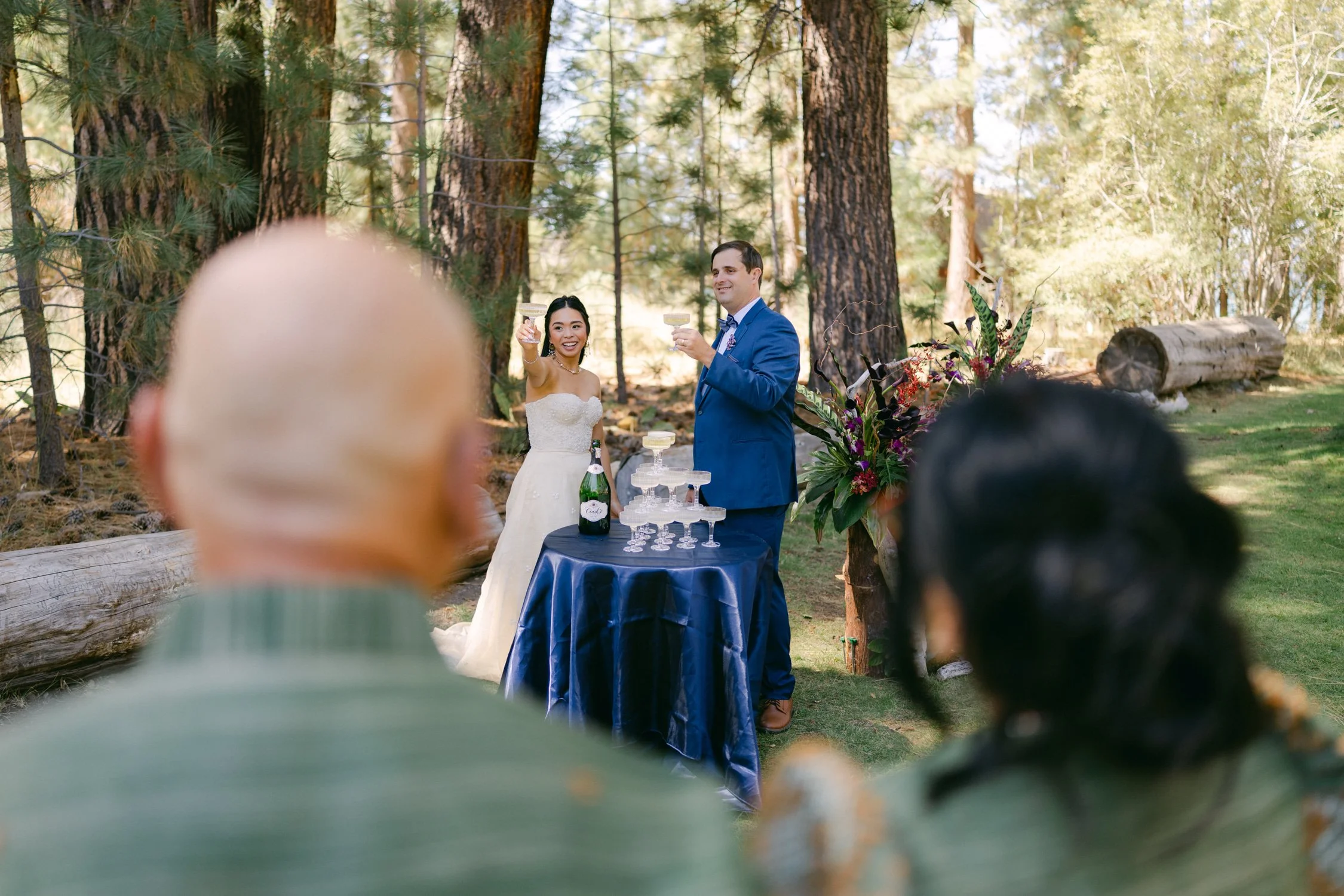 A Valhalla Lake Tahoe Wedding, photo of an outdoor wedding toast ceremony set among towering pine trees
