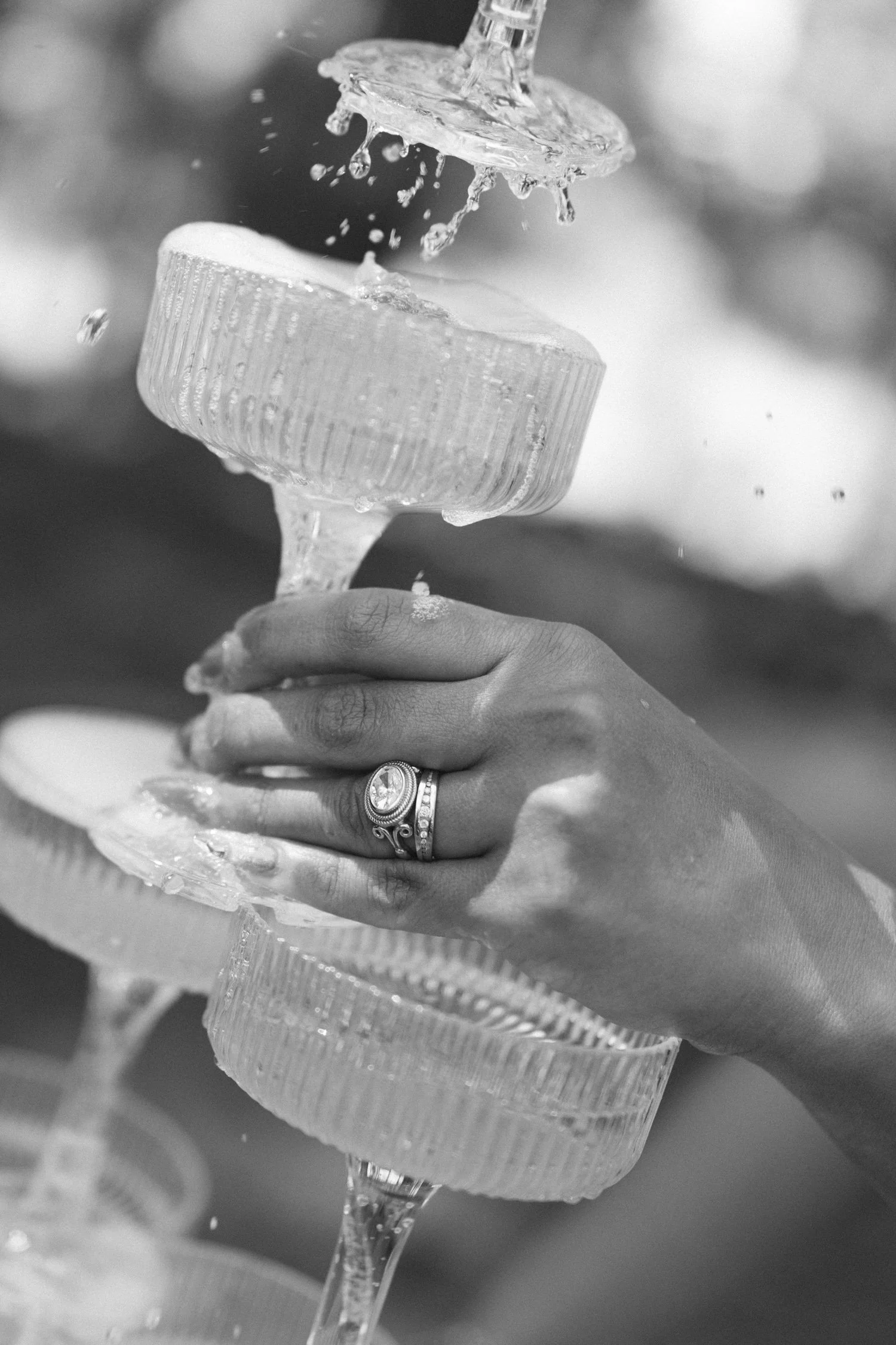 A Valhalla Lake Tahoe Wedding, photo of a black-and-white close-up of a wedding champagne tower moment