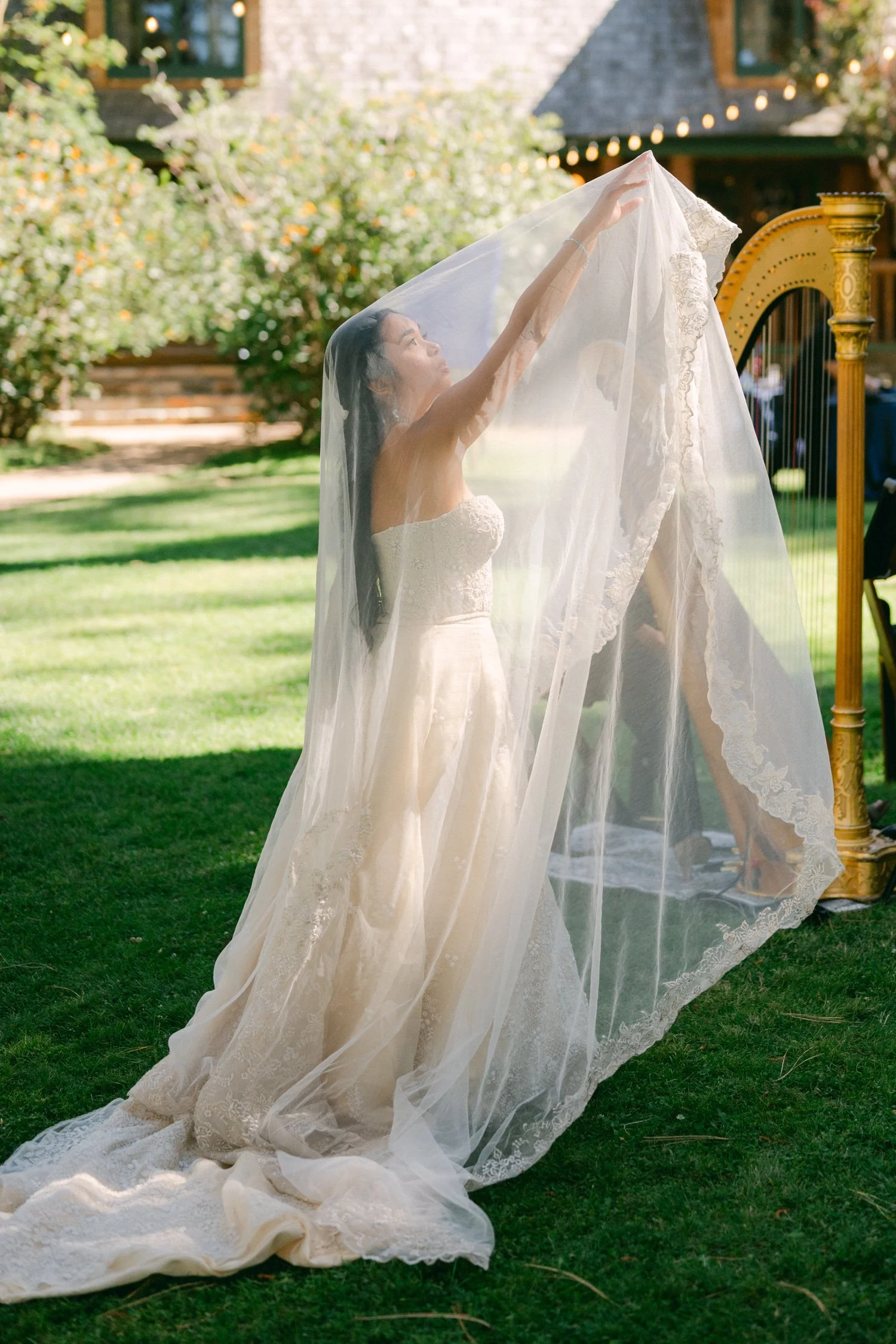 A Valhalla Lake Tahoe Wedding, photo of the bride wearing an embroidered lace-trimmed cathedral veil and a strapless A-line wedding gown in an outdoor garden setting