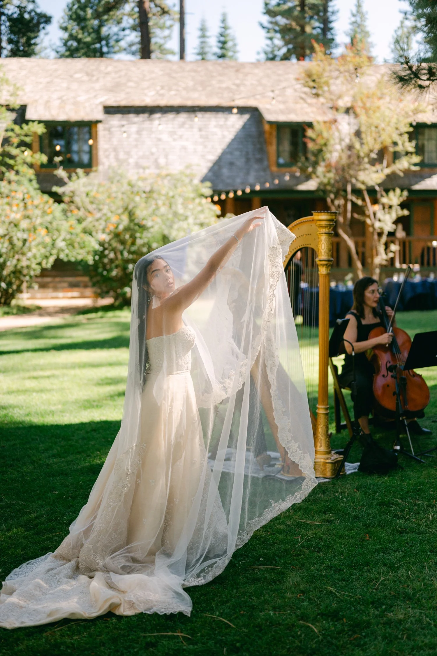 A Valhalla Lake Tahoe Wedding, photo of bride wearing a long, sheer bridal veil with delicate lace trim, holding it up in a sunlit outdoor garden setting
