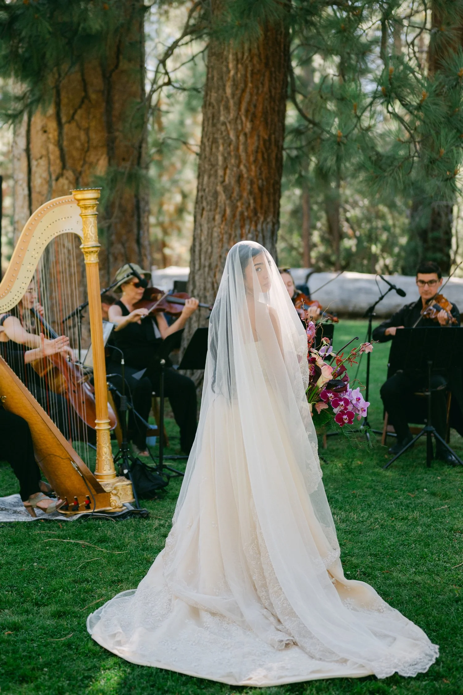 A Valhalla Lake Tahoe Wedding, photo of the bride wearing a classic, floor-length ivory wedding gown paired with a long, sheer tulle veil during an outdoor woodland ceremony with live musicians.