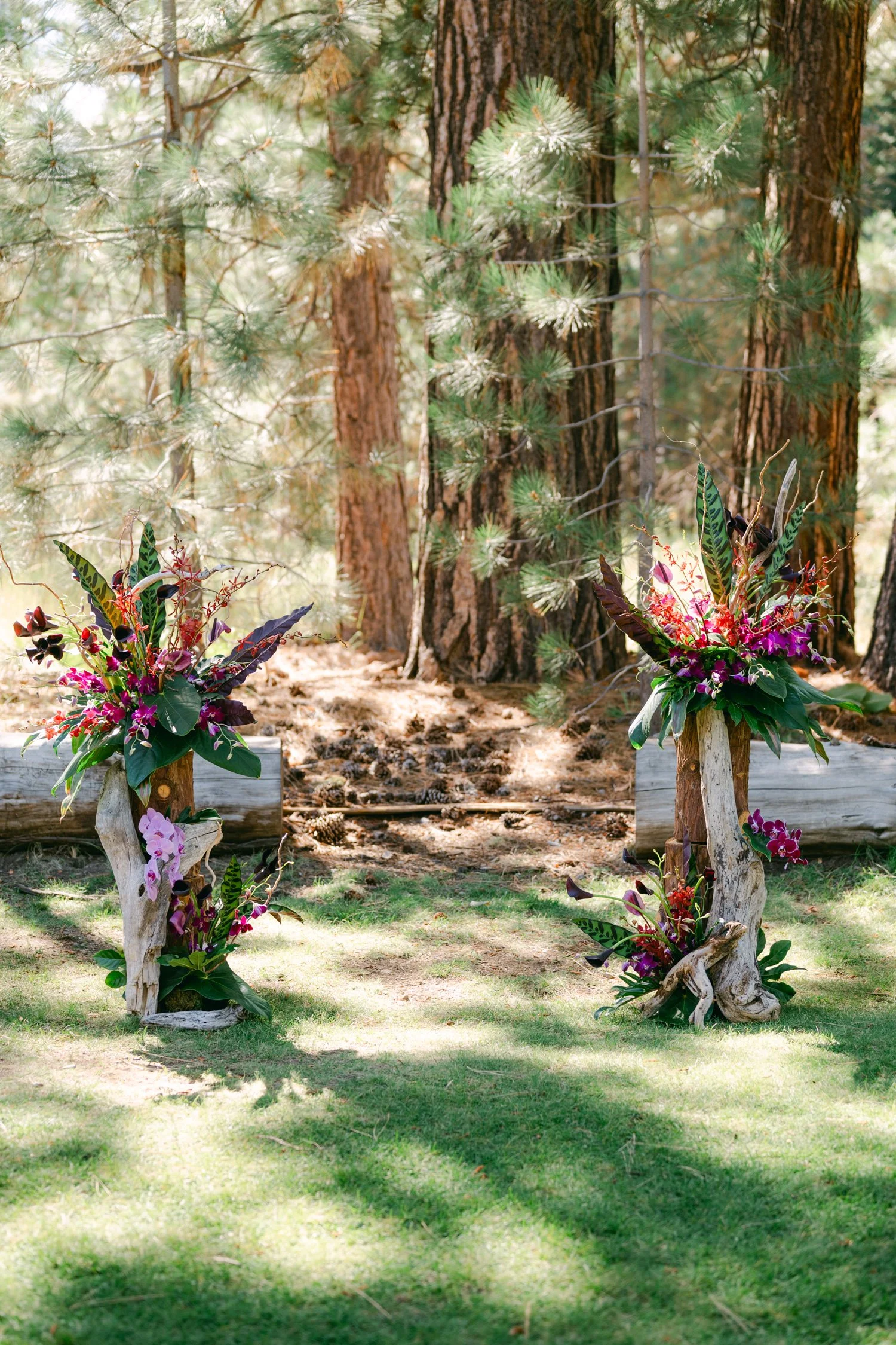 A Valhalla Lake Tahoe Wedding, photo of the outdoor wedding pedestals featuring vibrant tropical floral arrangements