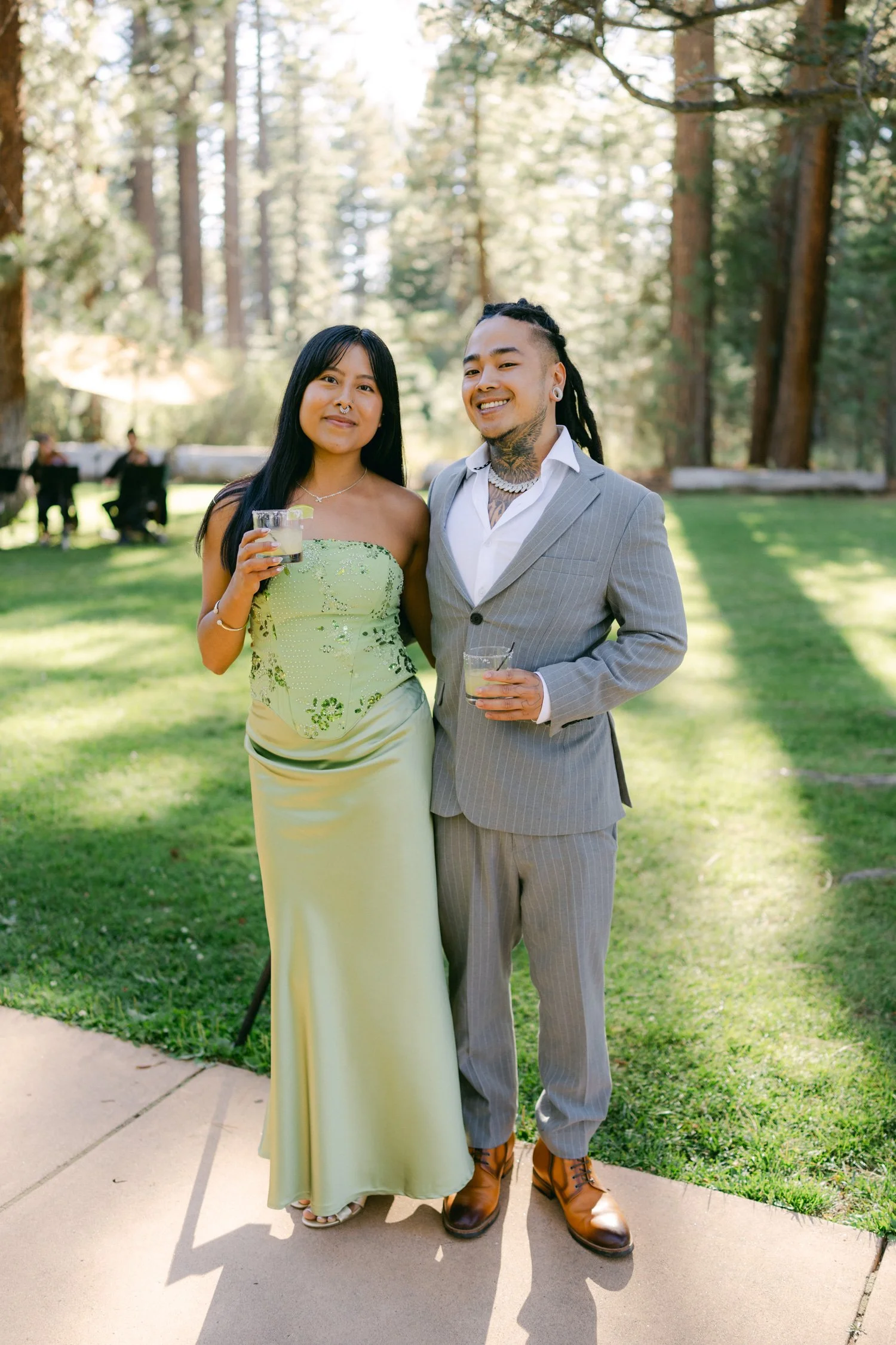 A Valhalla Lake Tahoe Wedding, photo of stylish guests attending an outdoor wedding celebration
