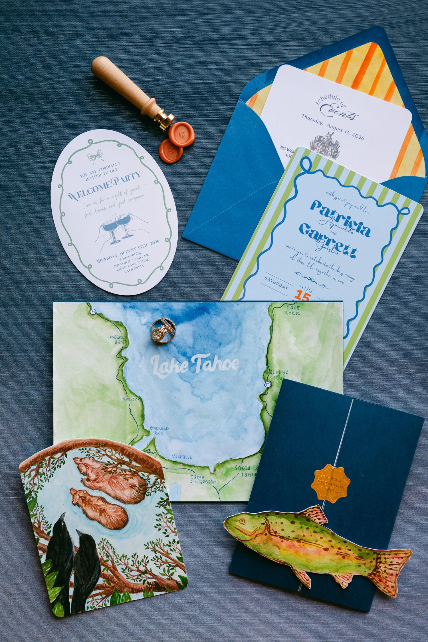 A Valhalla Lake Tahoe Wedding, photo of a custom Lake Tahoe-themed wedding stationery suite featuring hand-painted watercolor artwork