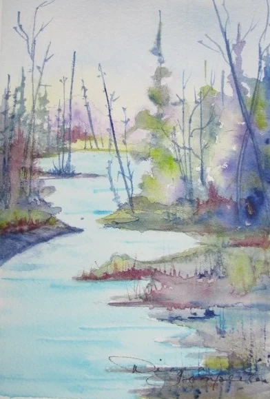 Turquoise/Purple Landscape Watercolor, 4" x 6"