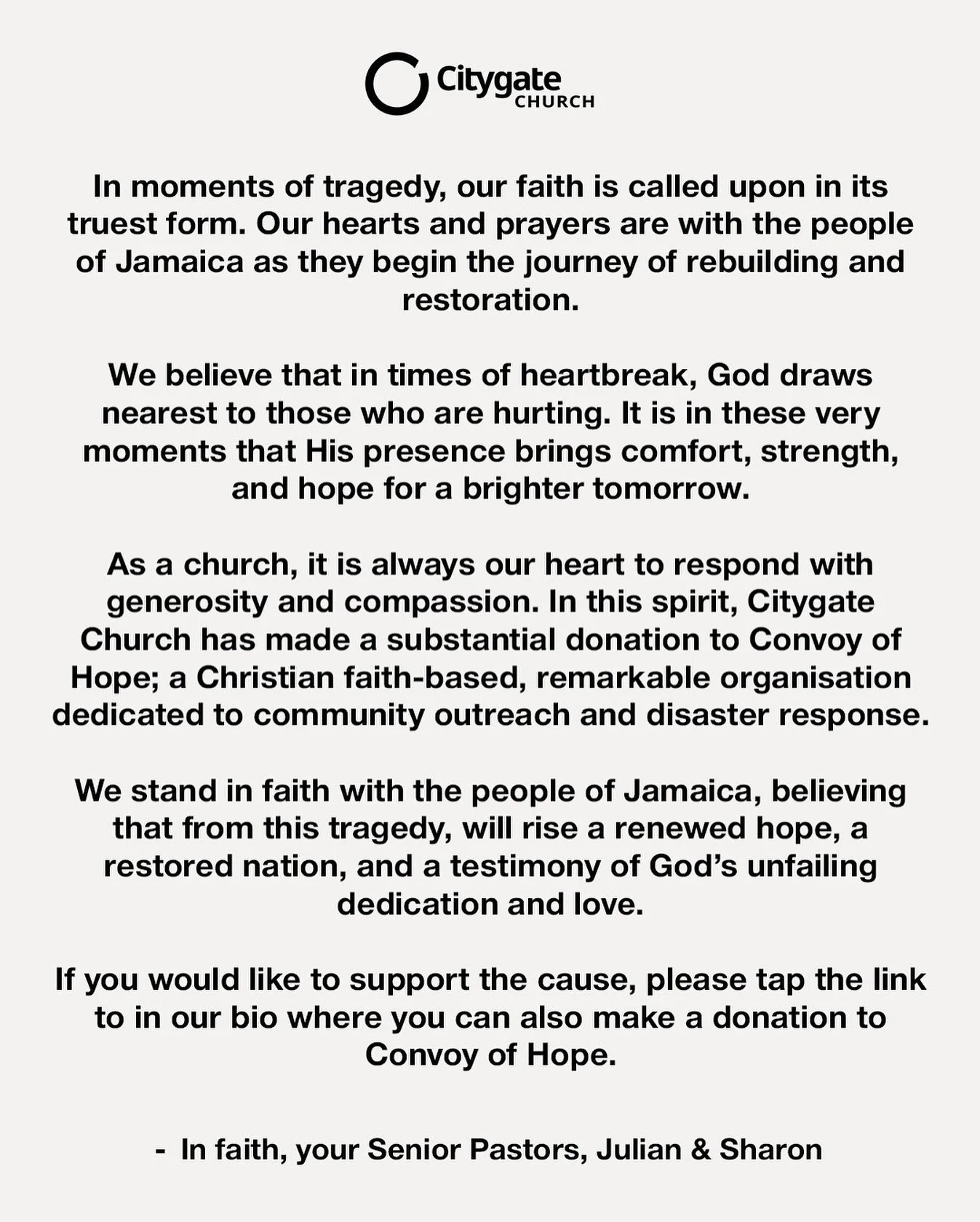 A statement from our Senior Pastors, Julian &amp; Sharon 🙏