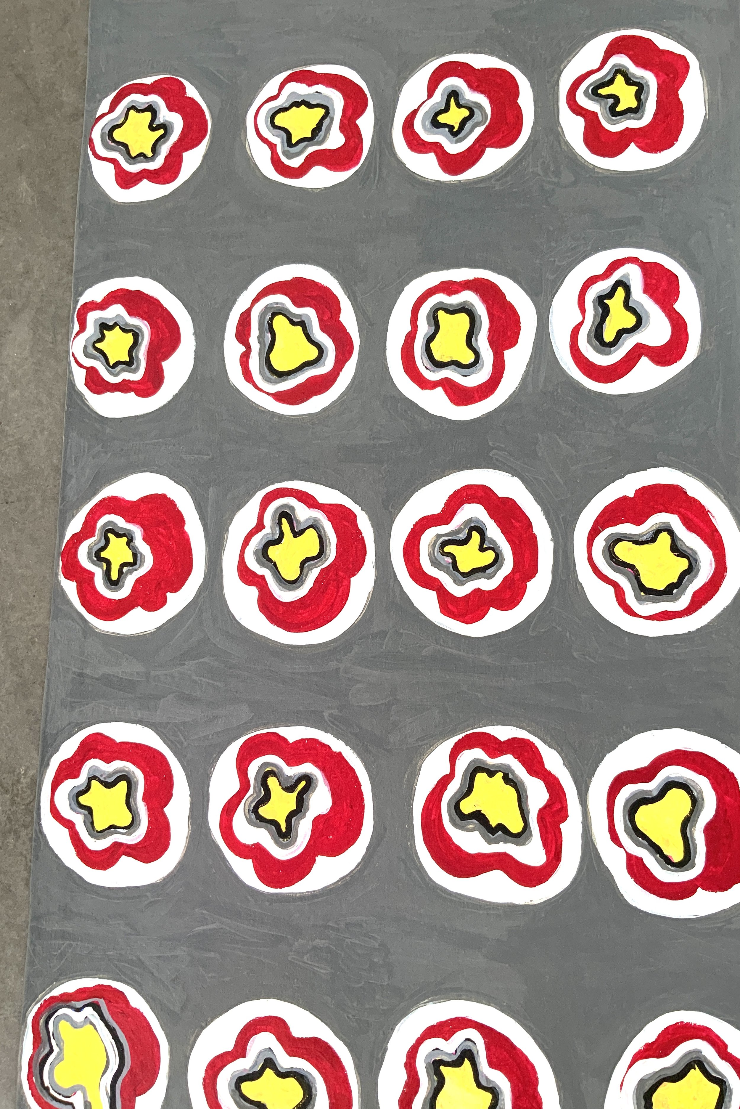 Hand Painted Modern Canvas Rug | Modern Floorcloth, 20" x 70" | Red Yellow White Circles Grey Background Contemporary Hand Painted Rug