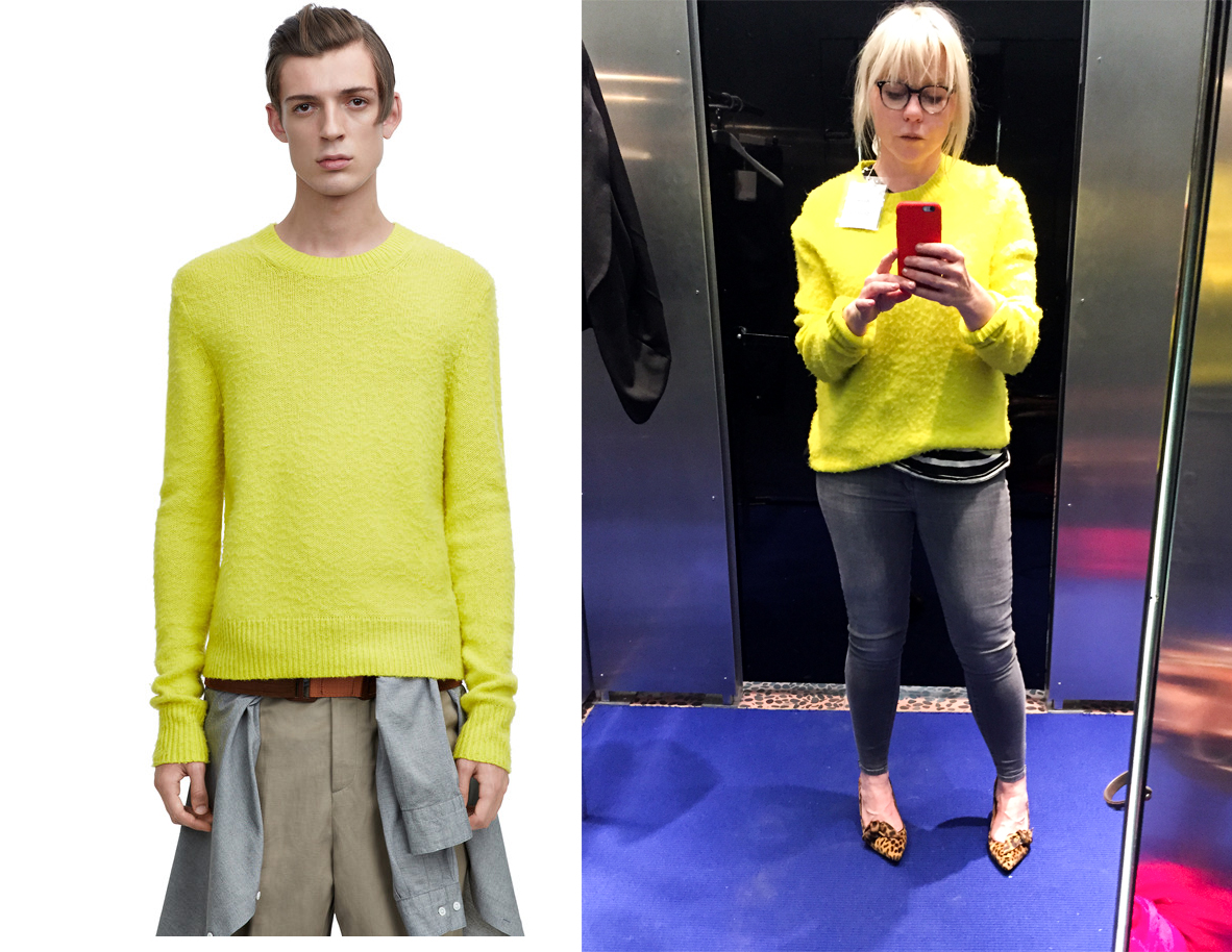 Who wore it better? The way-younger male model versus me in the dressing room at downtown LA Acne store?