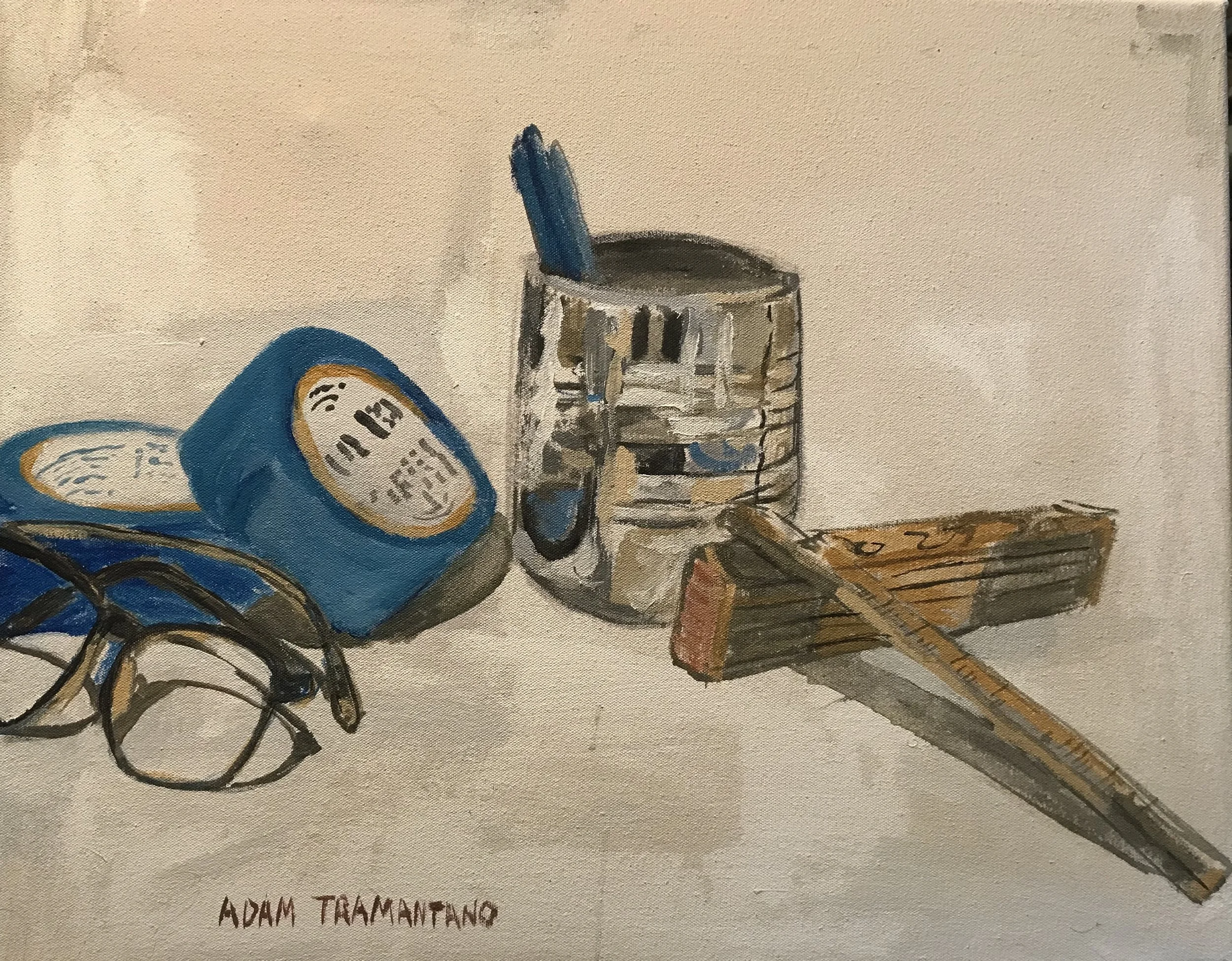 glasses, ruler, paint can, blue tape
