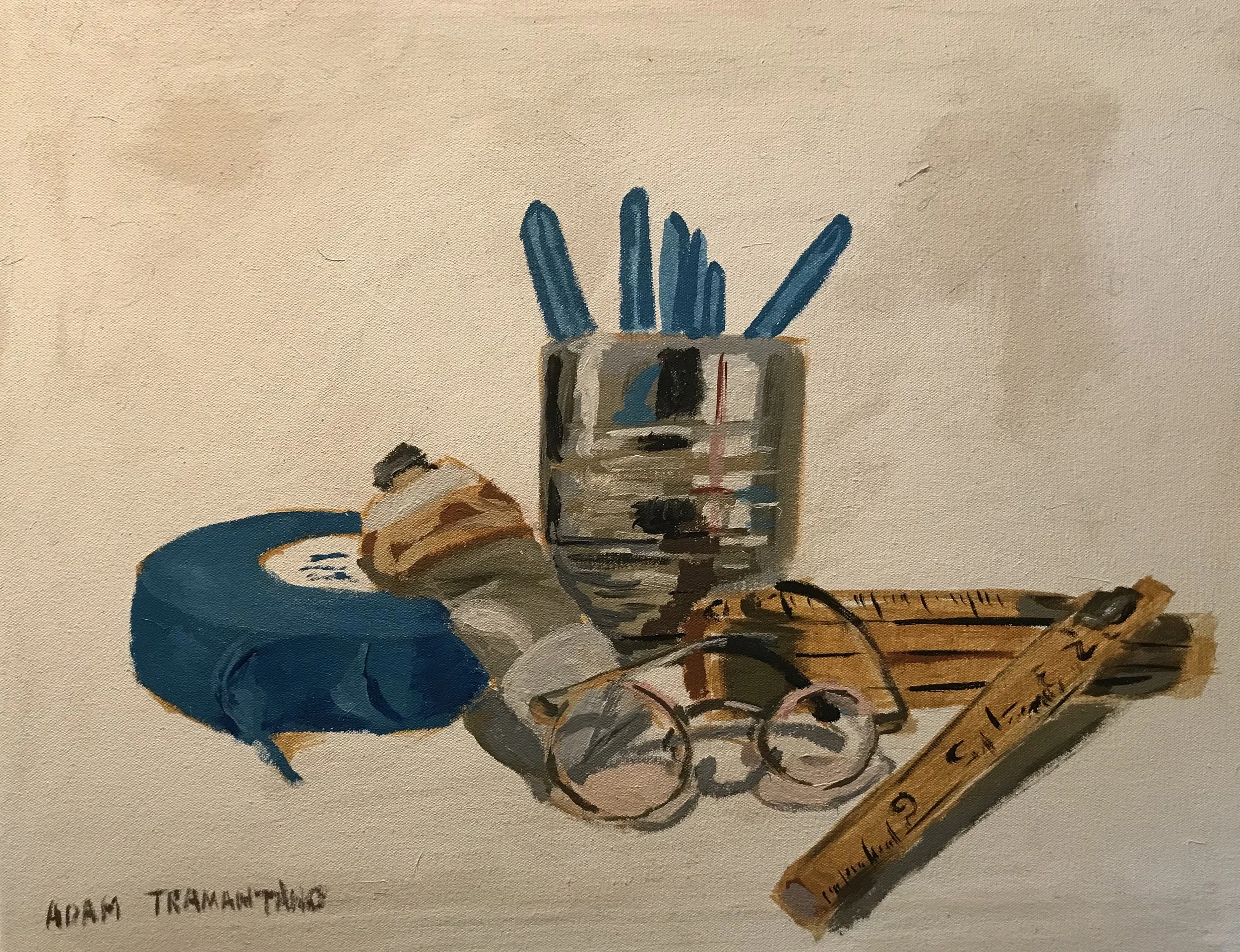 tape, paint, glasses, ruler