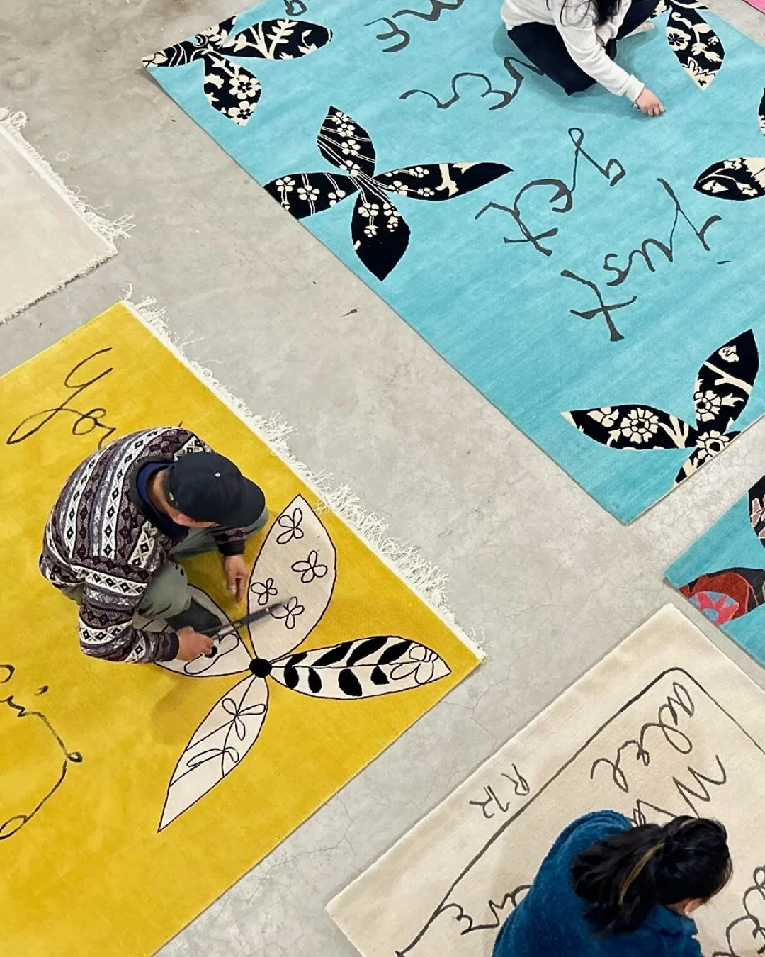 It started with Ricard writing her name, over and over, in his distinctive hand. 
Flower Beneath the Foot, on view now at Emma Scully Gallery (@emma_scully_gallery), centers the collaboration between textile designer Madeline Weinrib (@madelineweinri