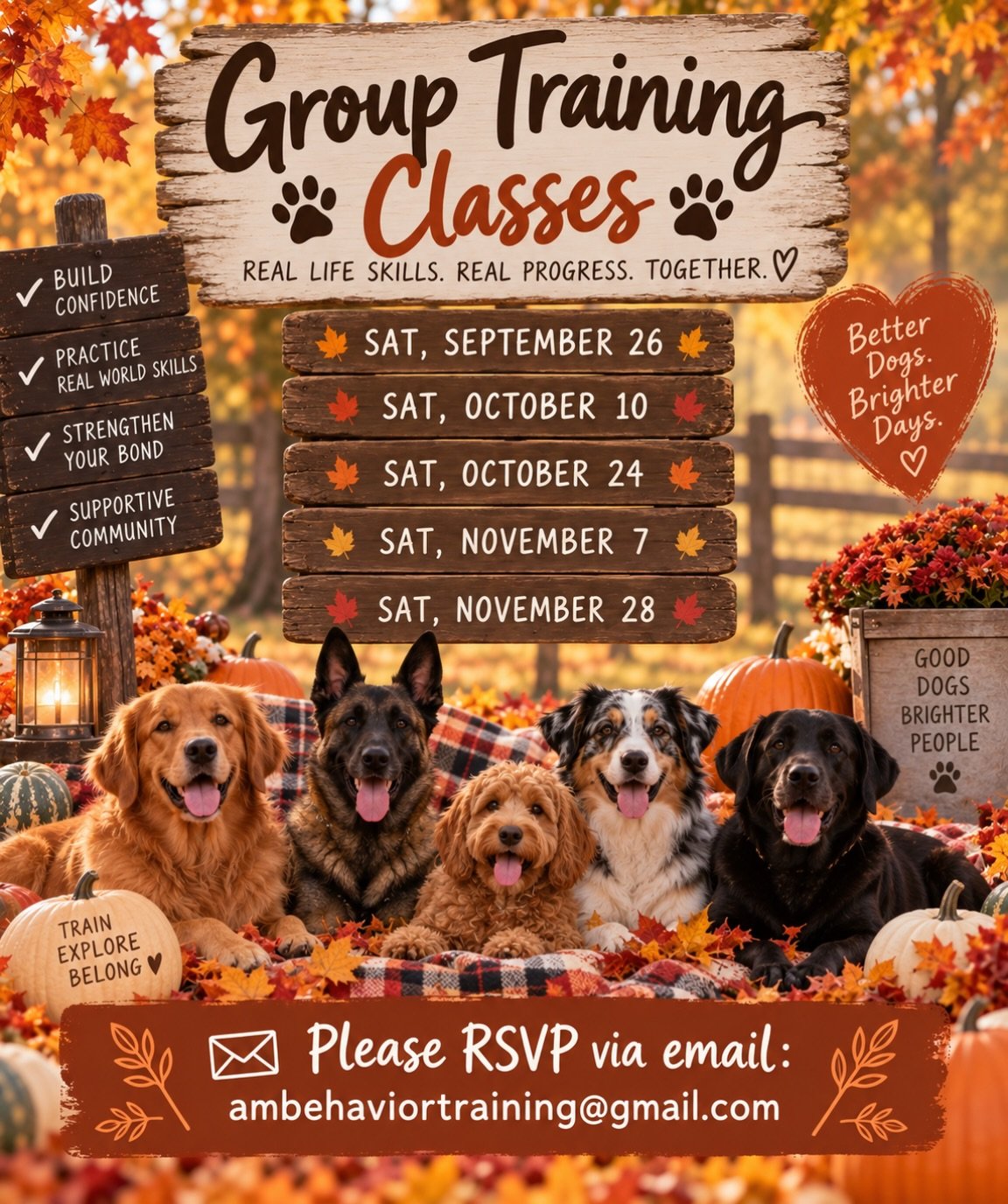 🍁 Join us for our last group classes of 2026!🍁

While our group classes are for clients who have completed packages with us, your dog may be a fit depending on what you&rsquo;re looking to work on! 

DM or email for details!