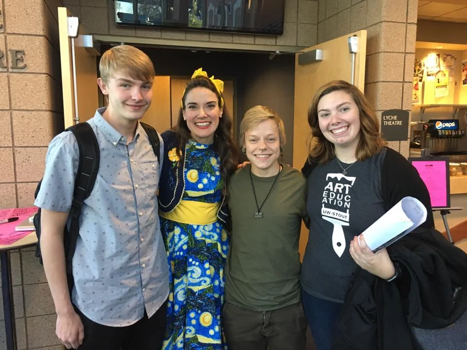  Photo: UW-Stout Art Education students Aidan Manley, Emery Kuehn, and Ellen Scharfenberg with Keynote speaker, Cassie Stevens.