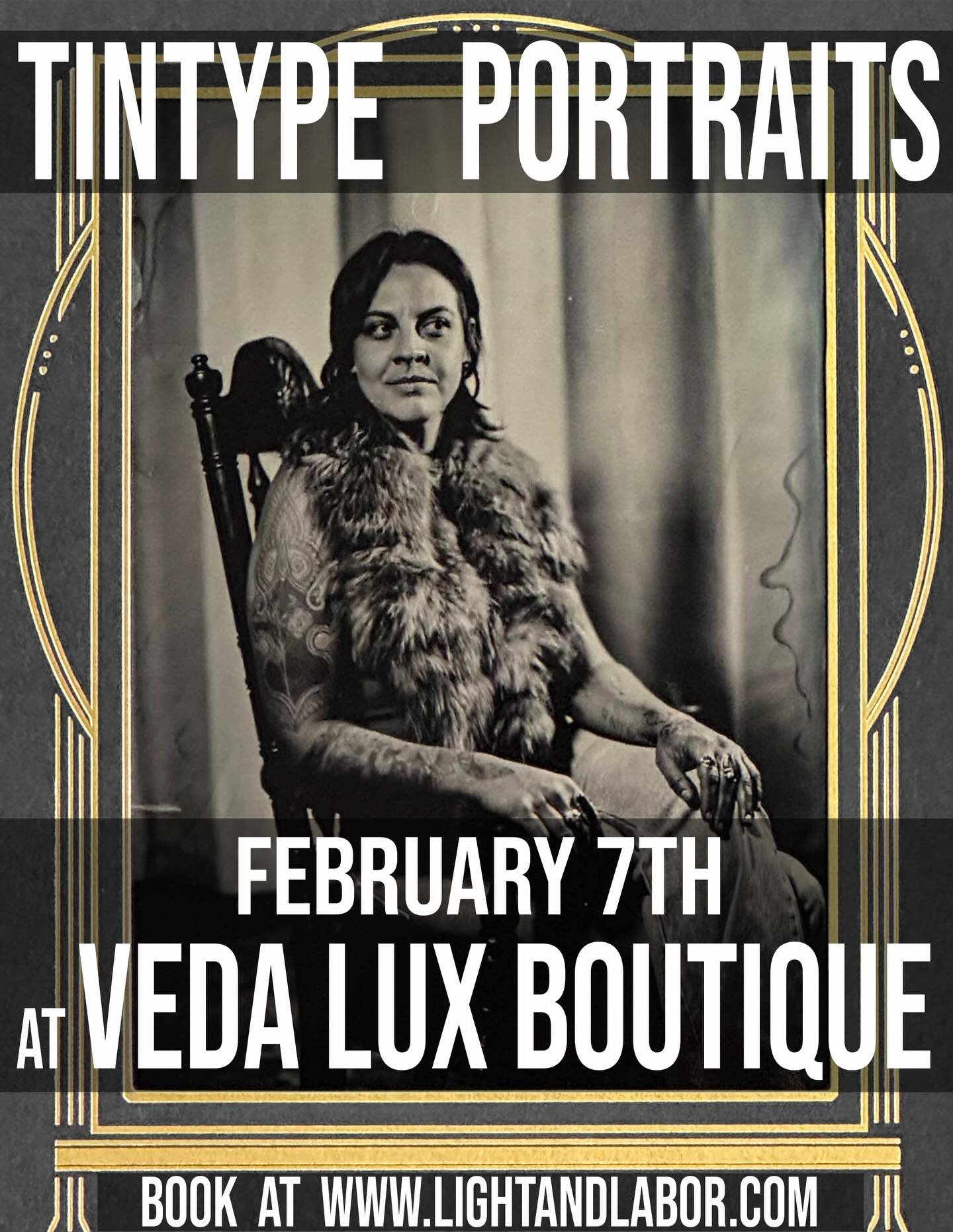 Tintype portrait sessions at @veda_lux February 7th 
In time for Valentine&rsquo;s Day

All portrait sessions come with a Valentine&rsquo;s Day gift pack from @veda_lux 

Individuals and couples welcome. Come early to browse the store and get inspire