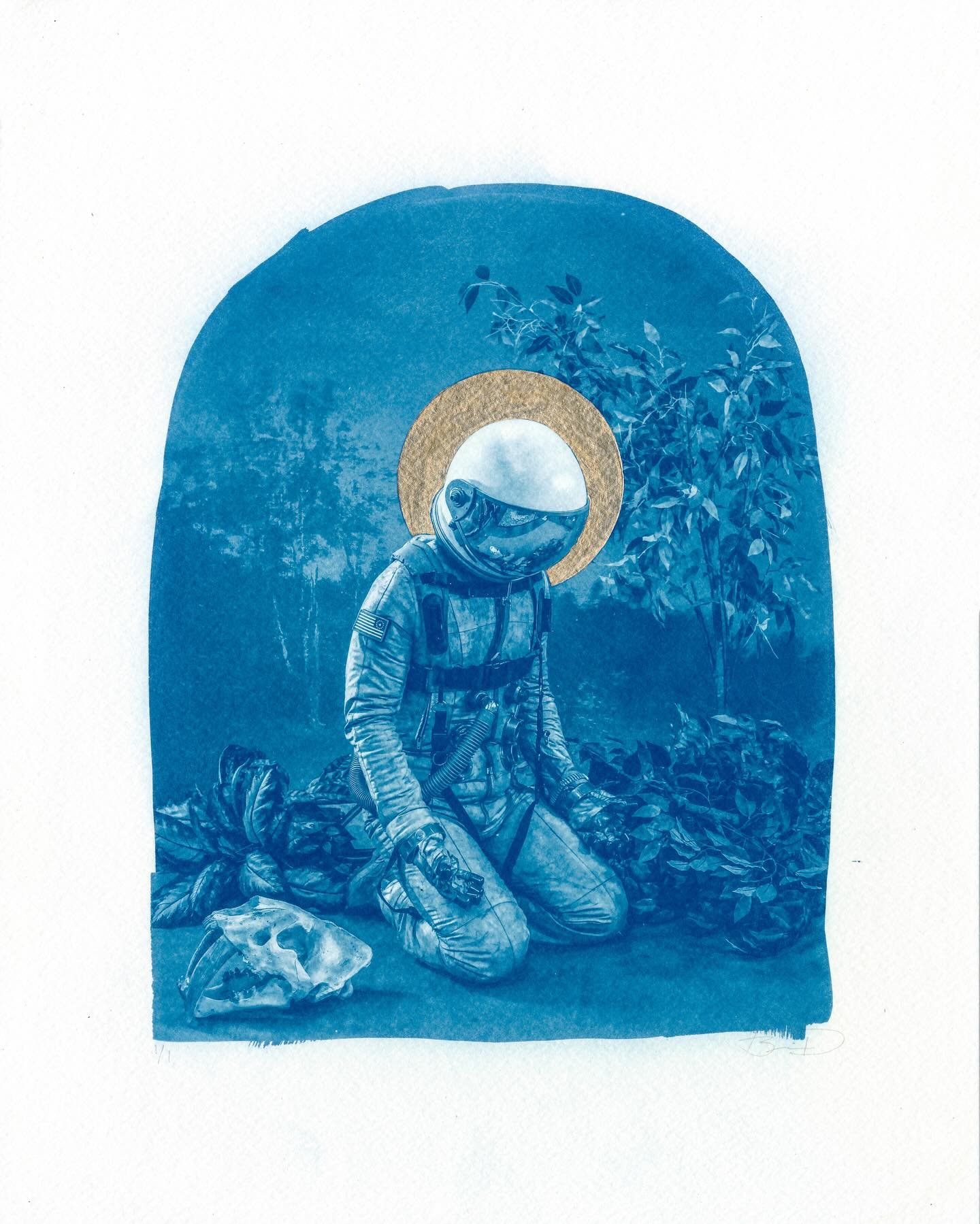 Lamentation in Gethsemane
Gold embellished cyanotype 

A recently completed commission. I&rsquo;ve been working through the catalog and making cyanotype prints. For this special piece a custom gold embellishment was added. 

#cyanotype #astronautart