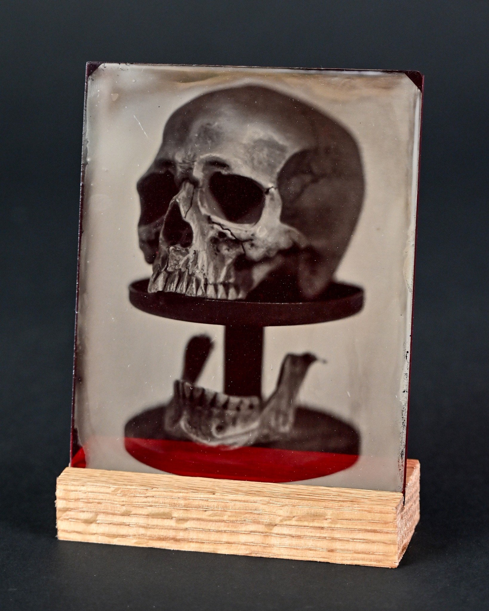 4x5 Ambrotype on red acrylic. Custom made oak mount.
Several versions of these are available for purchase. Message me if interested.