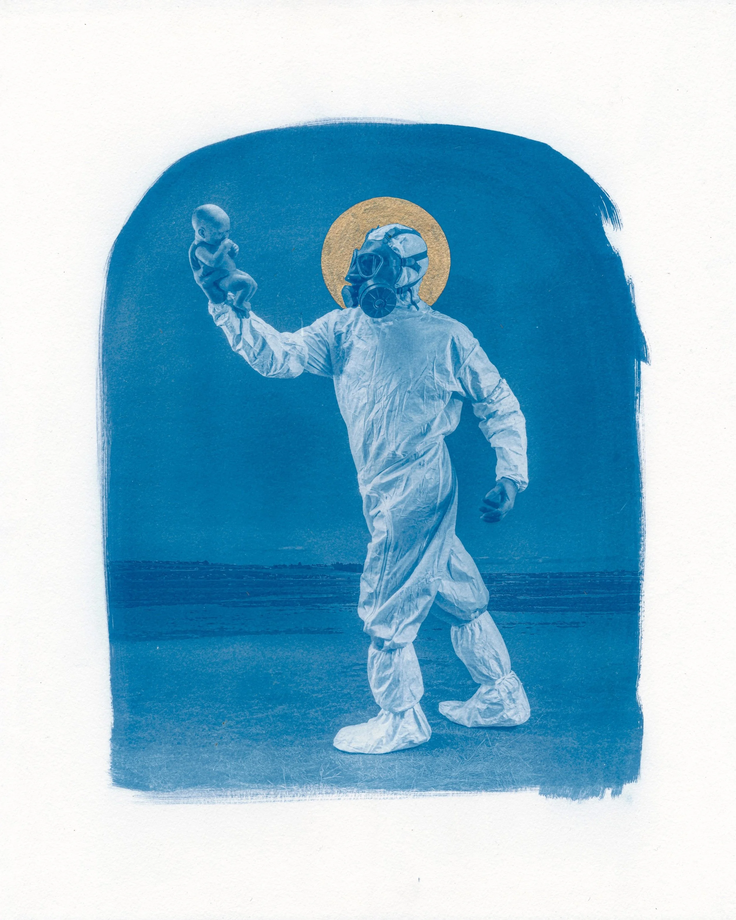 If you are a fan of this one you are my people.

-Gas mask
-religious iconography 
-liminal setting
-implied infanticide

&ldquo;Saturn Assuaged&rdquo; 
16x20 Cyanotype with gold leaf 

A weird one but an absolute favorite of mine. The dynamism of th