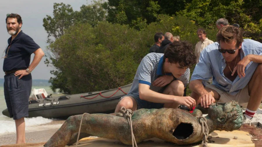Michael Stuhlbarg, left, and Chalamet and Hammer in Call Me By Your Name .