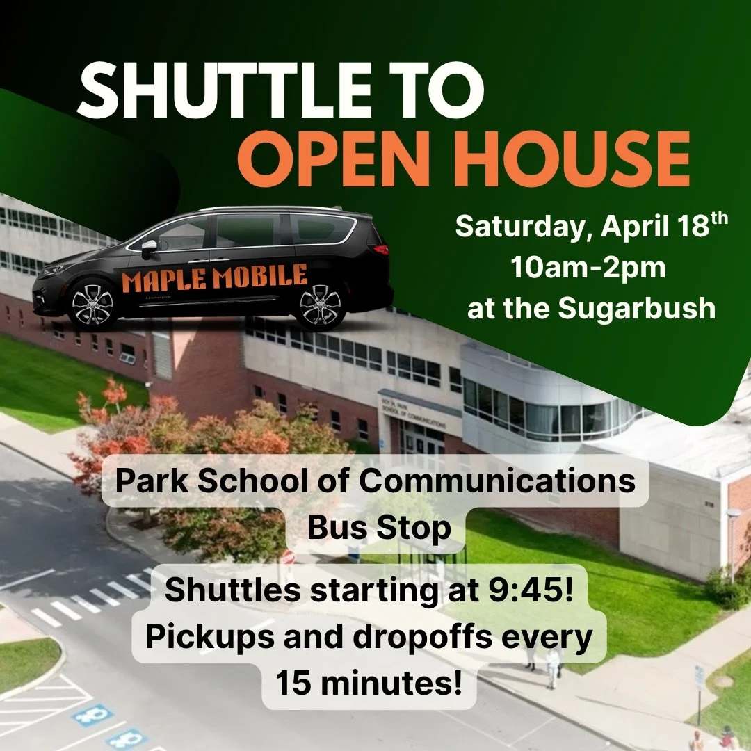 In case you didn&rsquo;t already know: We&rsquo;ll be providing shuttles to the Sugarbush at the end of Rich Rd!

Pickups will be at the Park School of Communications bus stop and we&rsquo;ll be running our shuttles for the entirety of our open house