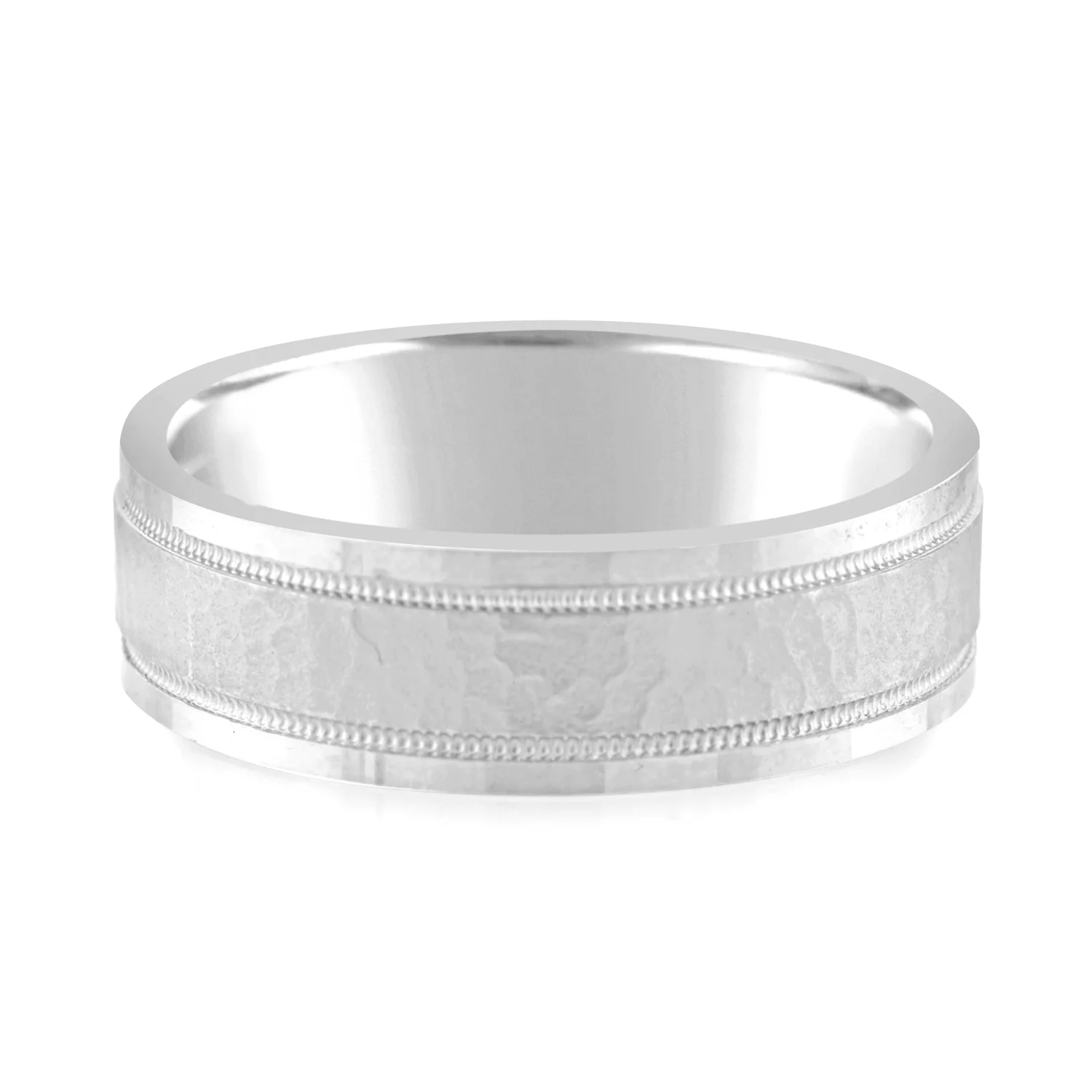 Hammered Milgrain Style Wedding Ring | 18K White Gold | 7mm