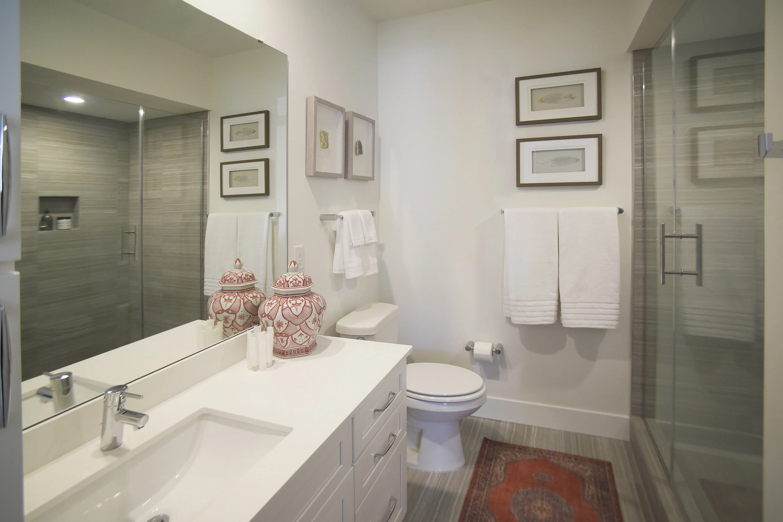 The bathrooms include heated floors. Each townhome features two full baths and a powder room.