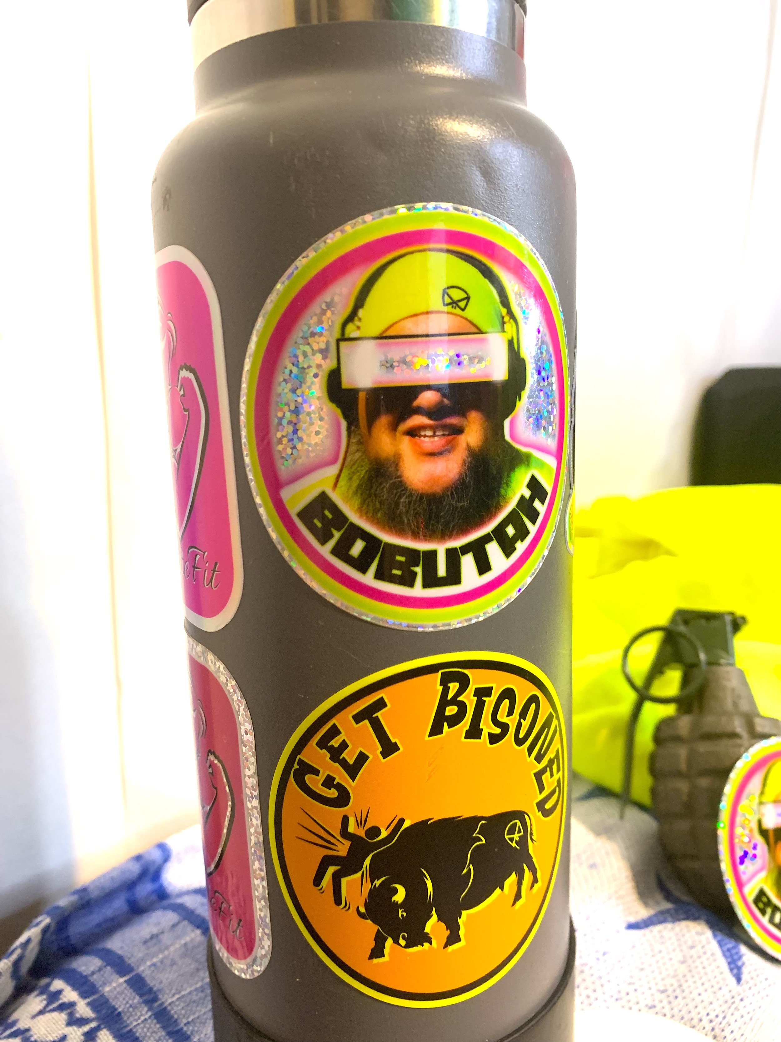BOBUTAH round glitter sticker on hydroflask medium shot - YouTube Channel.jpg