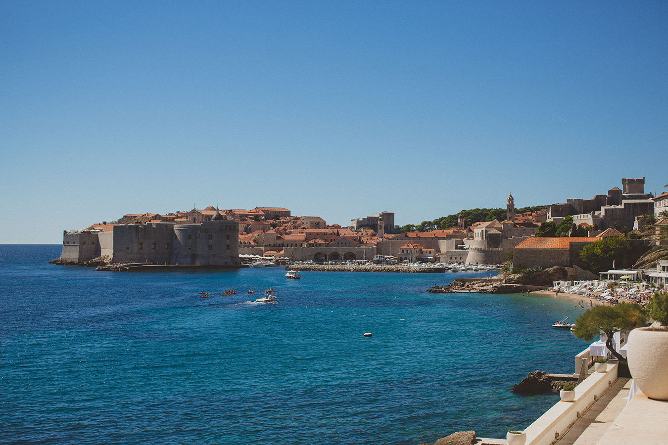 One of a set of images taken at this beautifully chic destination wedding of Jenna and Nick, set in the stylish Old town of Dubrovnik, Croatia.  Stunning blue sea.  Photography by Matt Porteous