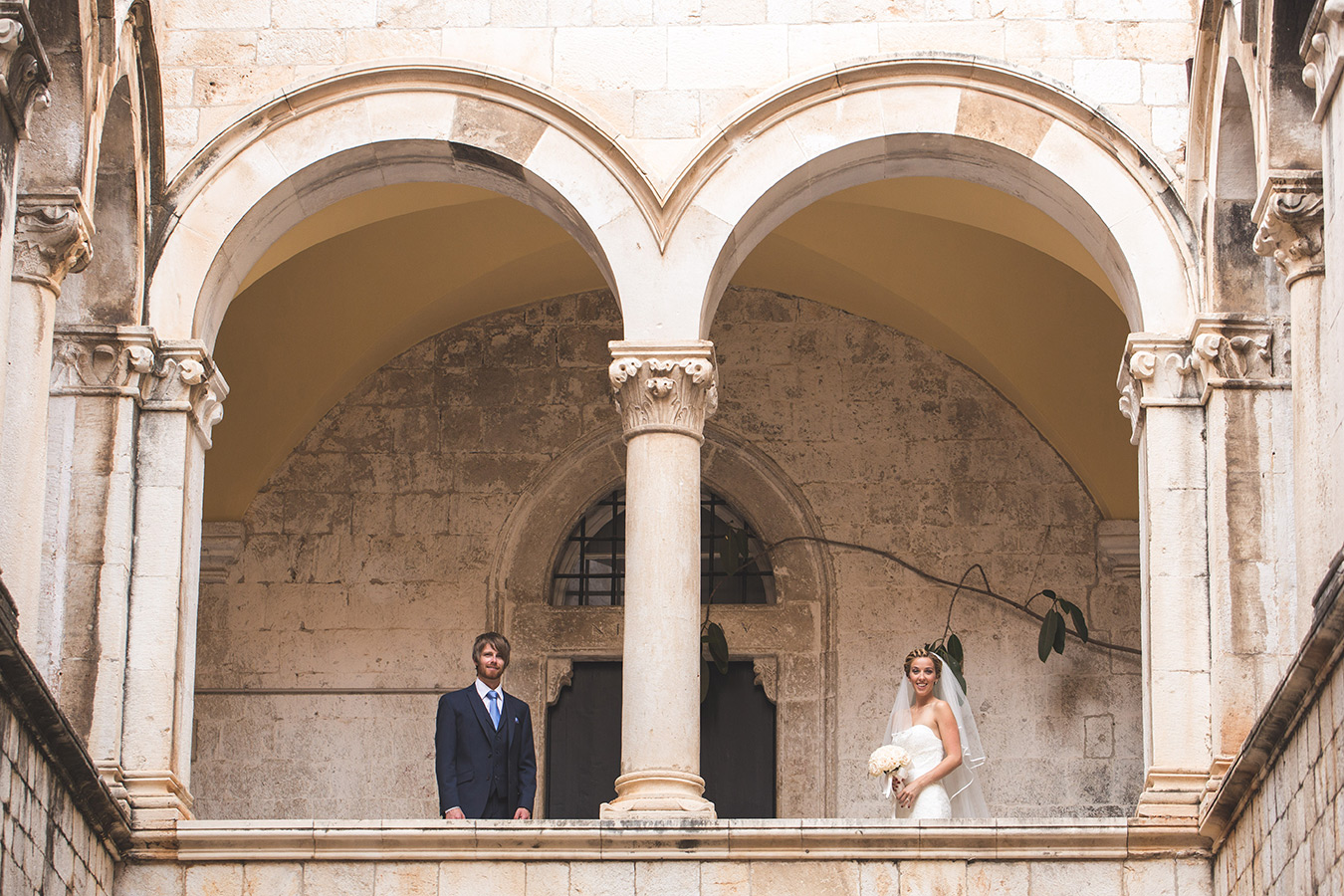One of a set of images taken at this chic destination Wedding of Jenna & Nick. The stylish old town of Dubrovnik, Croatia.  The Bride and Groom.  Photography by Matt Porteous