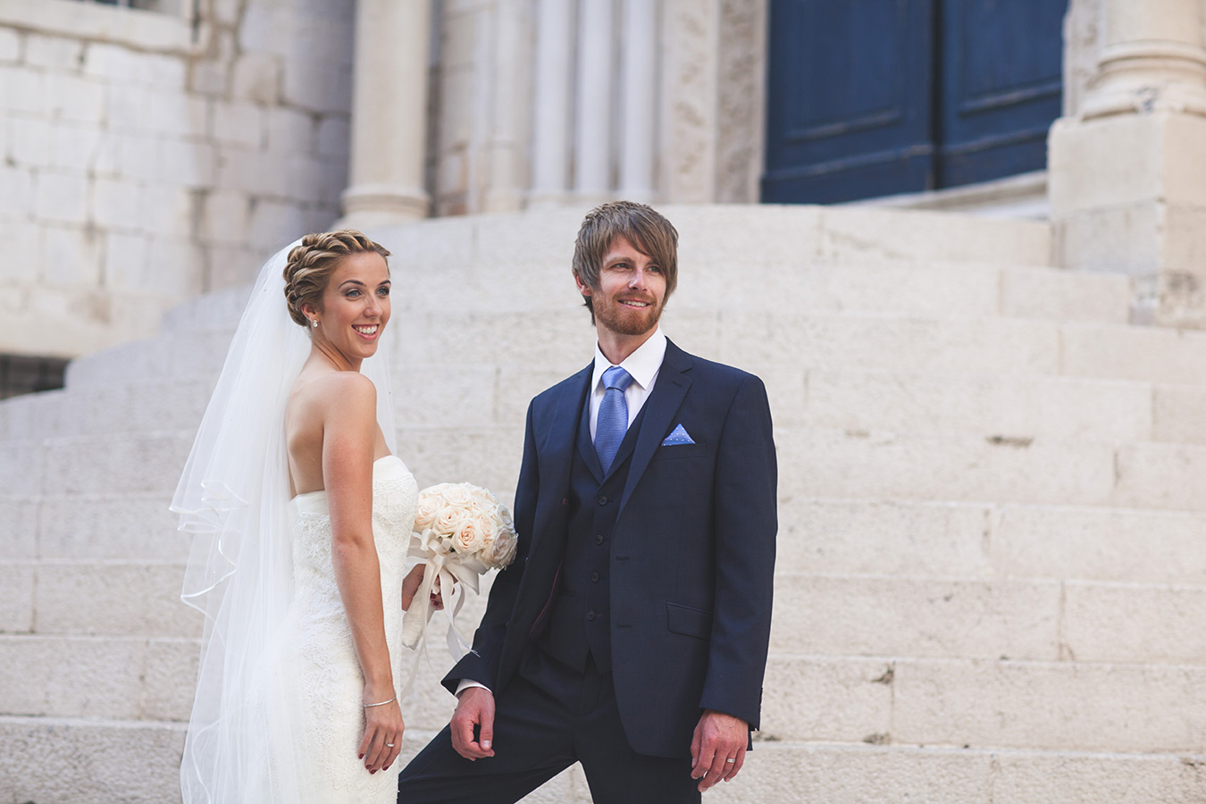 One of a set of images taken at this chic destination Wedding of Jenna & Nick. The stylish old town of Dubrovnik, Croatia.  The Beautiful couple.  Photography by Matt Porteous
