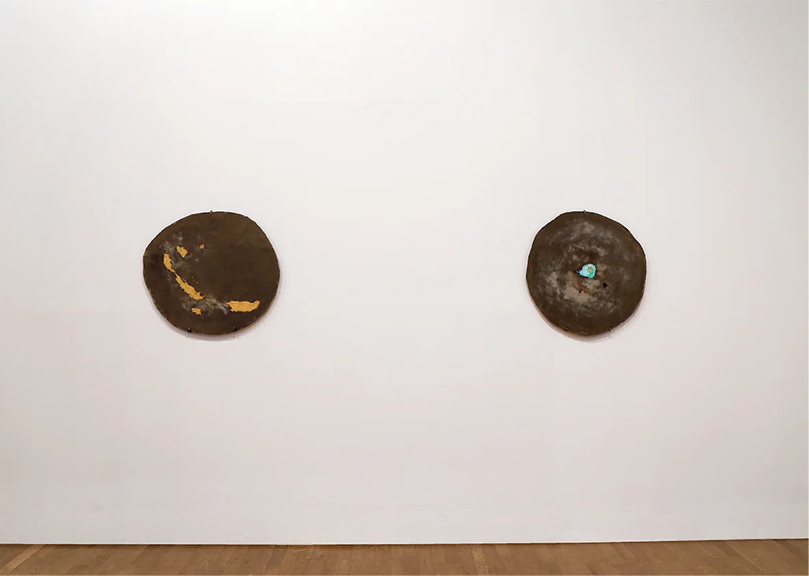   Slice III &amp; I, &nbsp;aluminous cement, brass powder, copper powder, 75 x 75 cm (each), 2015 